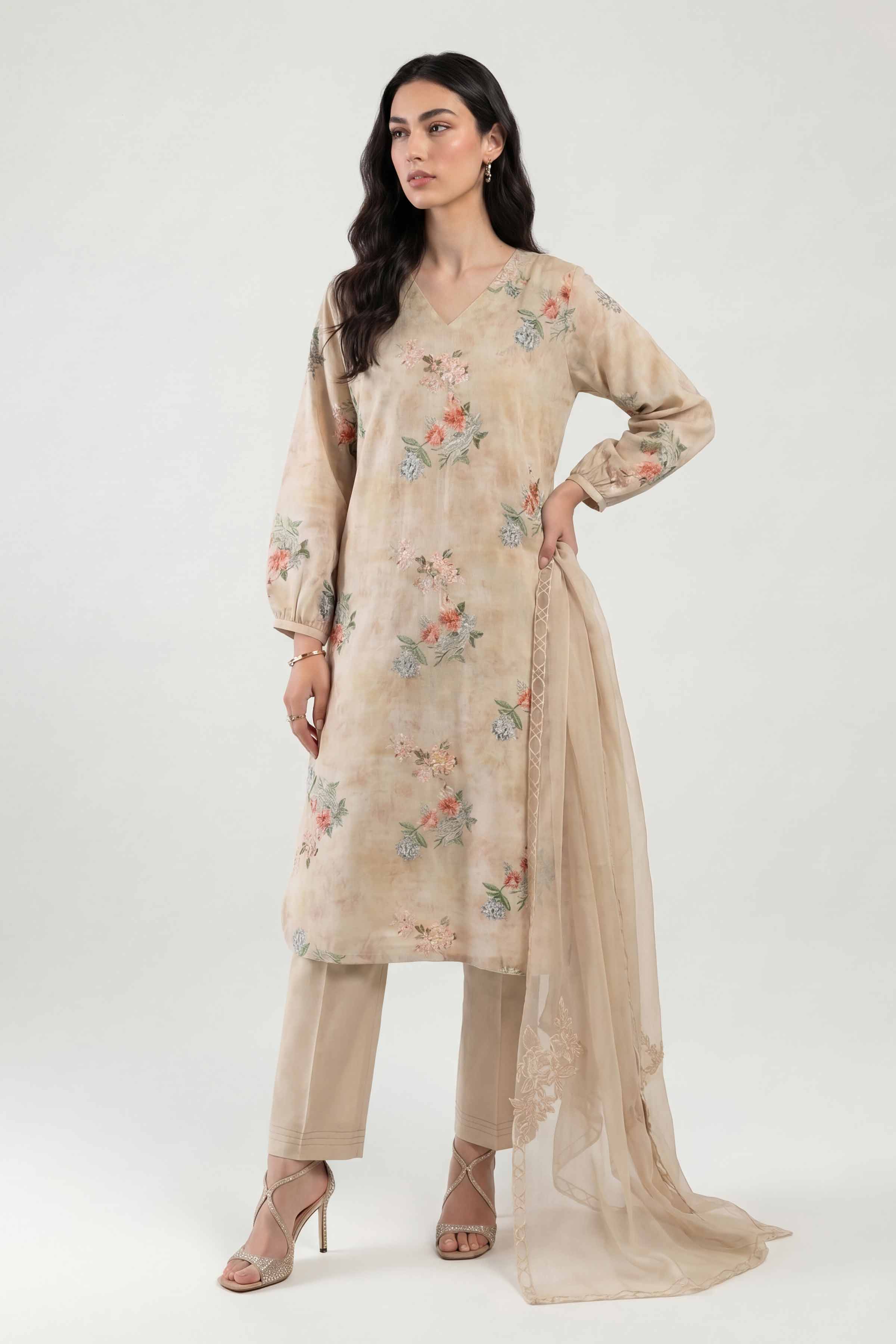 Nishat UK - Beige Embroidered Cotton 3 Piece ready to wear luxury Suit