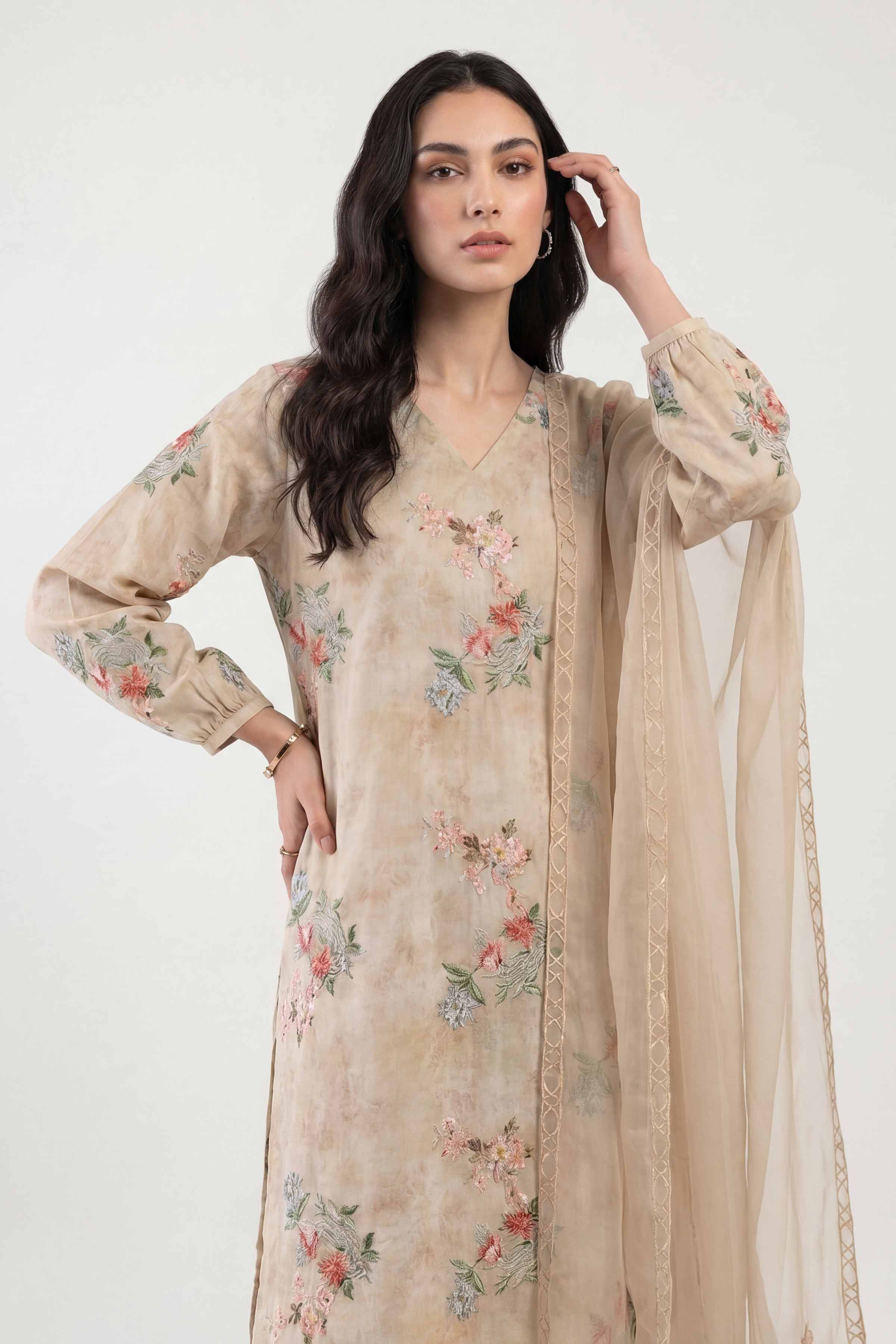 Nishat UK - Beige Embroidered Cotton 3 Piece ready to wear luxury Suit