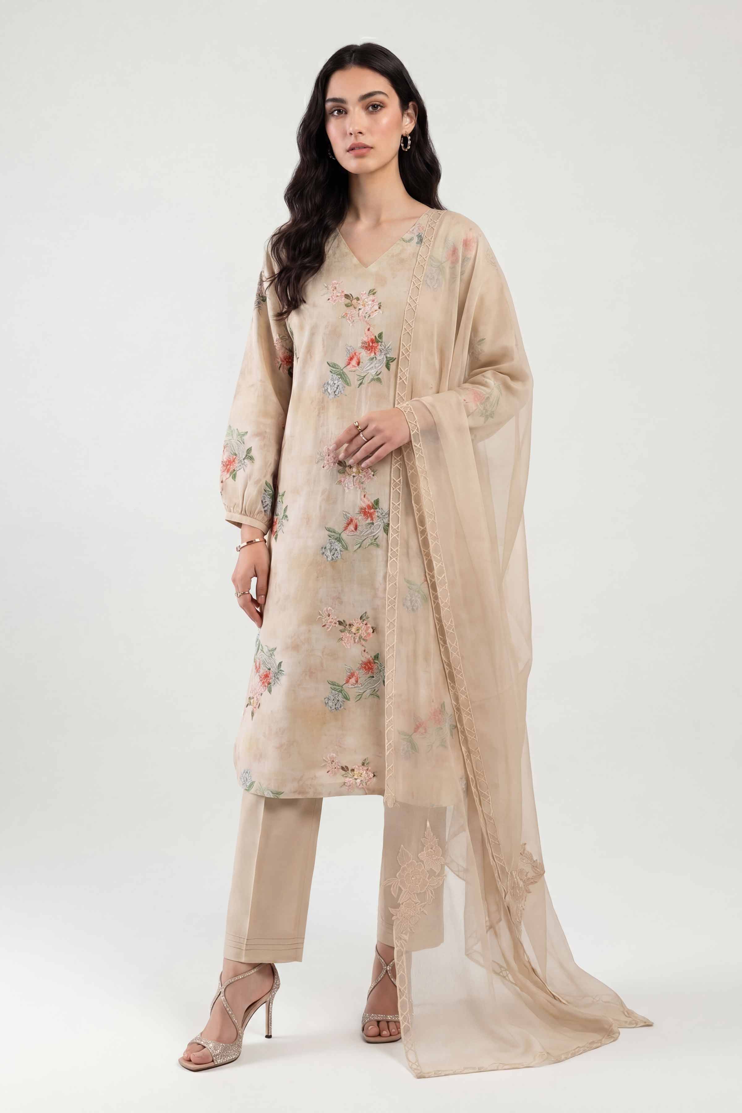 Nishat UK - Beige Embroidered Cotton 3 Piece ready to wear luxury Suit