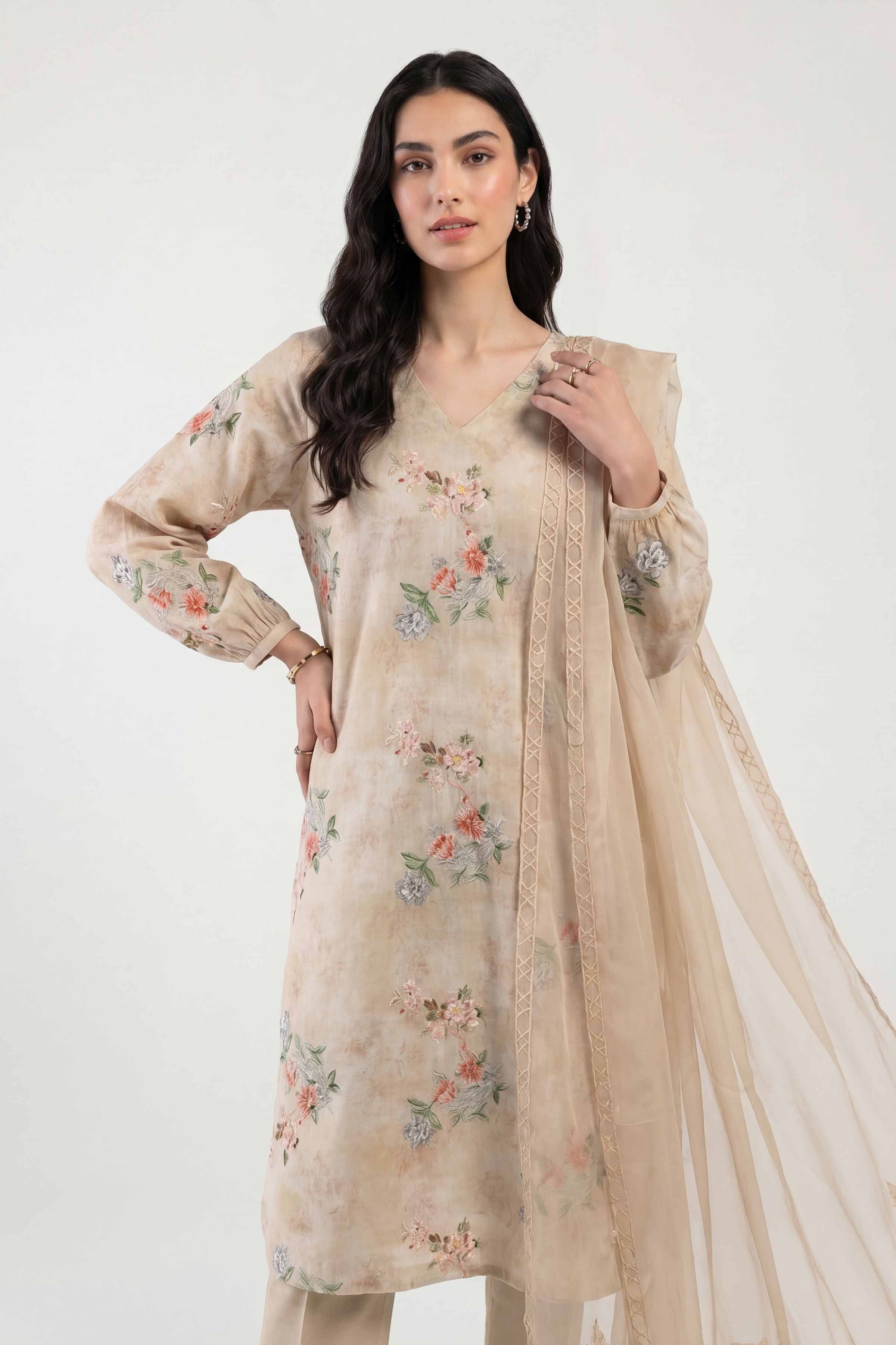 Nishat UK - Beige Embroidered Cotton 3 Piece ready to wear luxury Suit