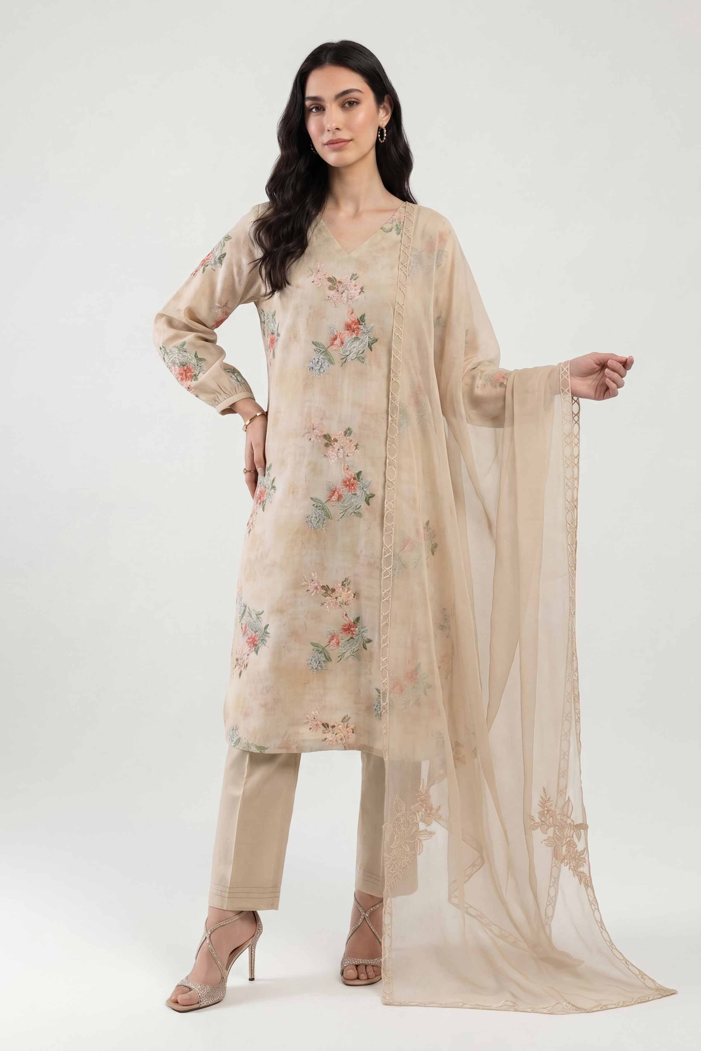 Nishat UK - Beige Embroidered Cotton 3 Piece ready to wear luxury Suit