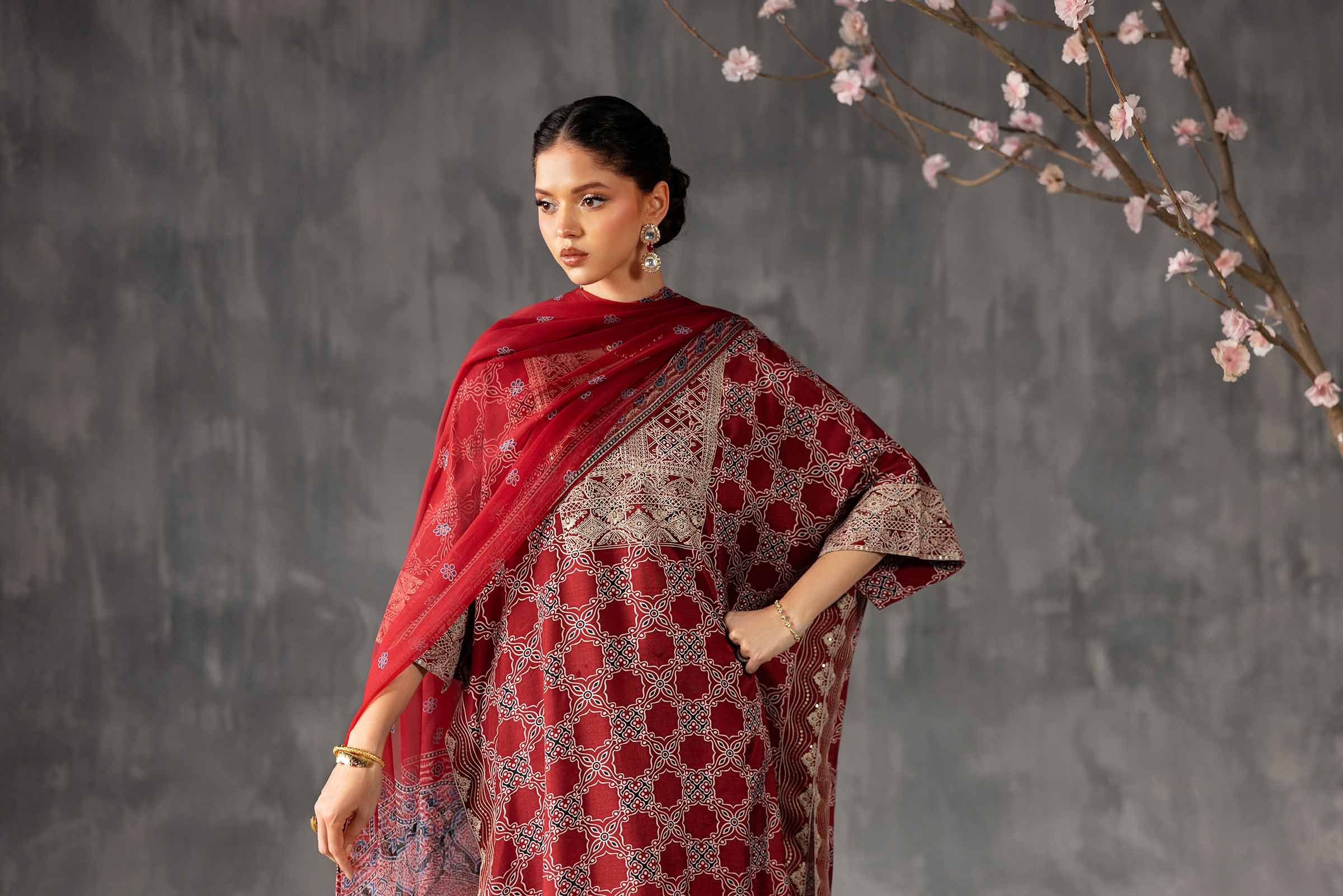 Nishat UK - Red Embroidered Silk 3 Pieces ready to wear luxury Suit