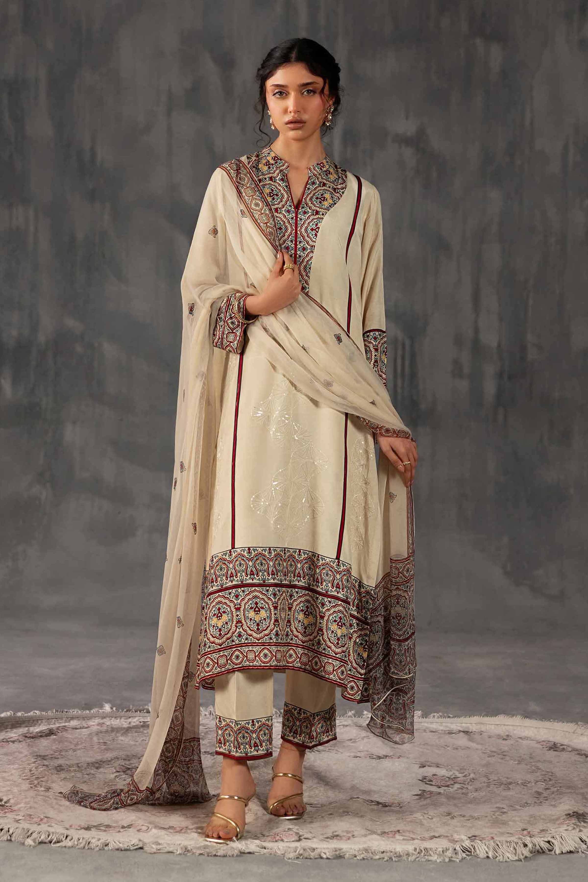 Nishat UK - Off White Embroidered Silk 3 Pieces ready To Wear luxury Suit