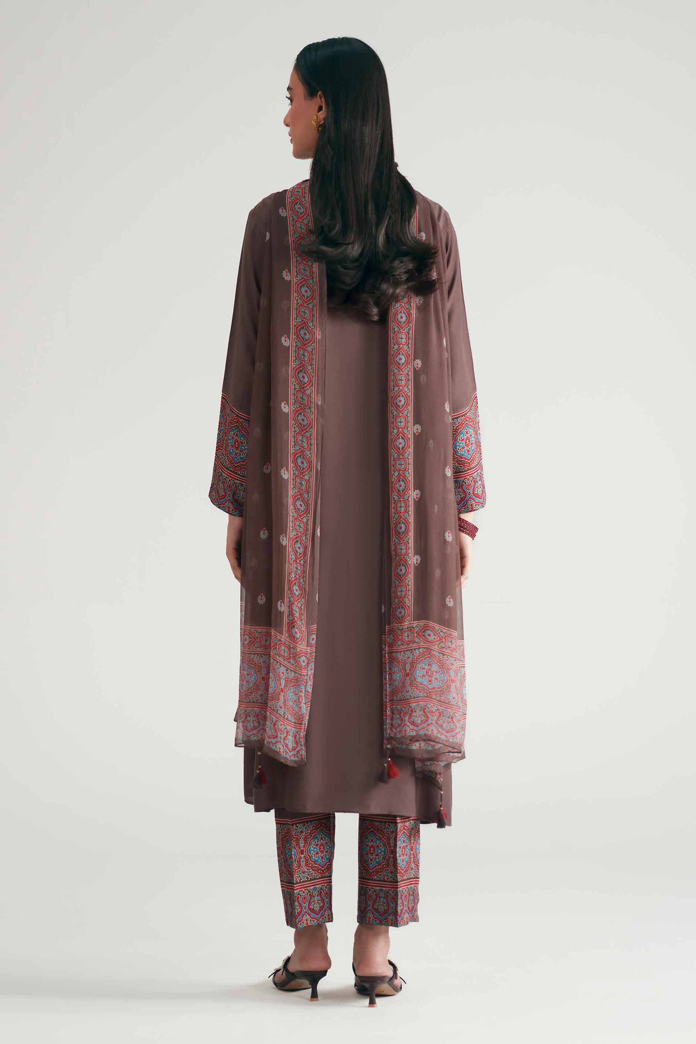 Nishat UK - Brown Embroidered Silk 3-piece ready to wear luxury Suit