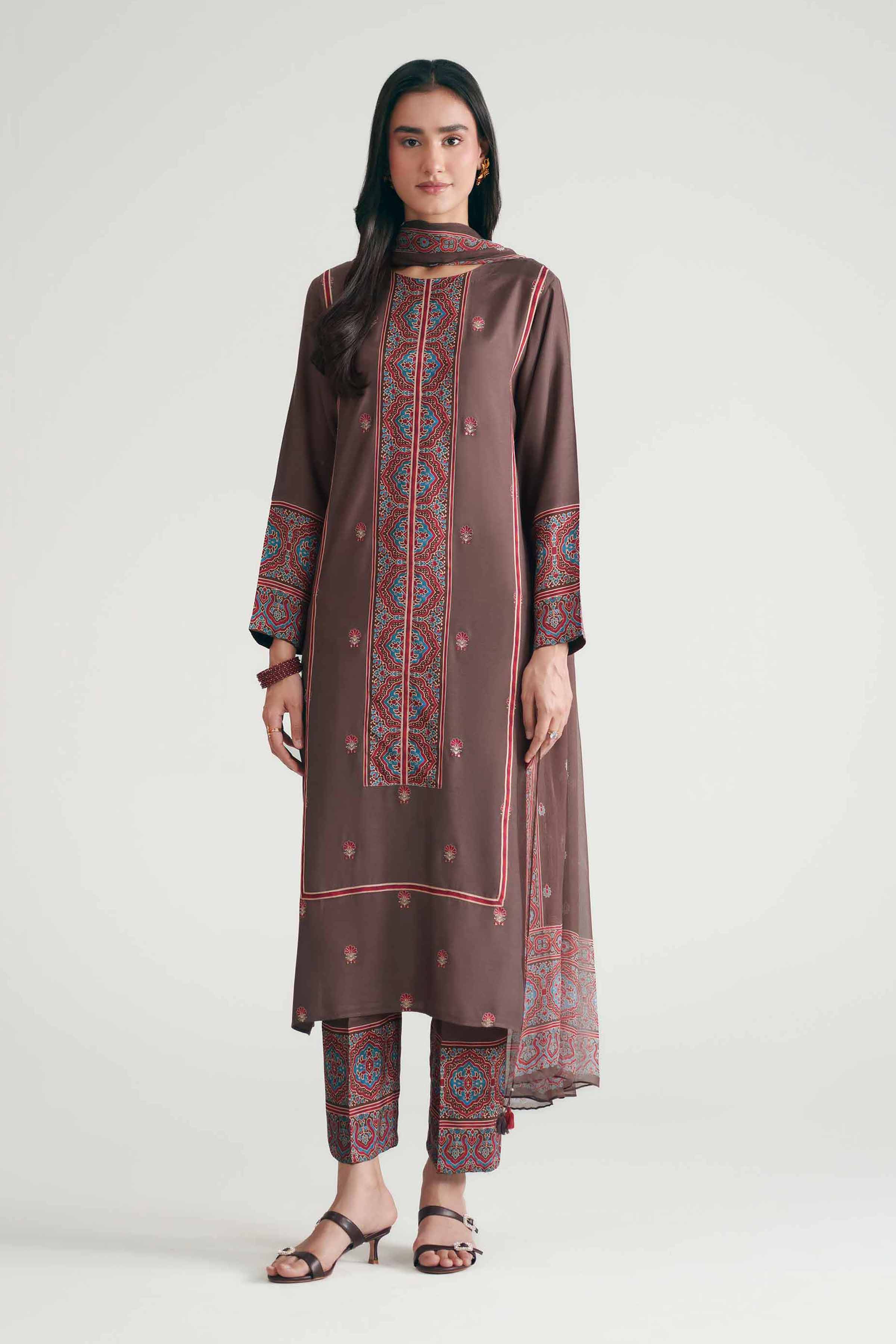 Nishat UK - Brown Embroidered Silk 3-piece ready to wear luxury Suit