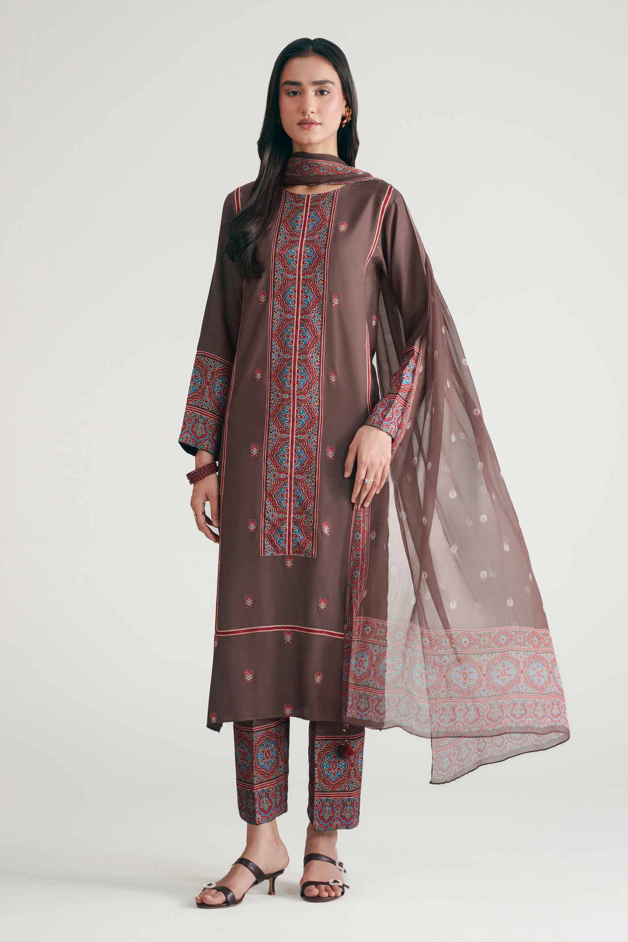 Nishat UK - Brown Embroidered Silk 3-piece ready to wear luxury Suit