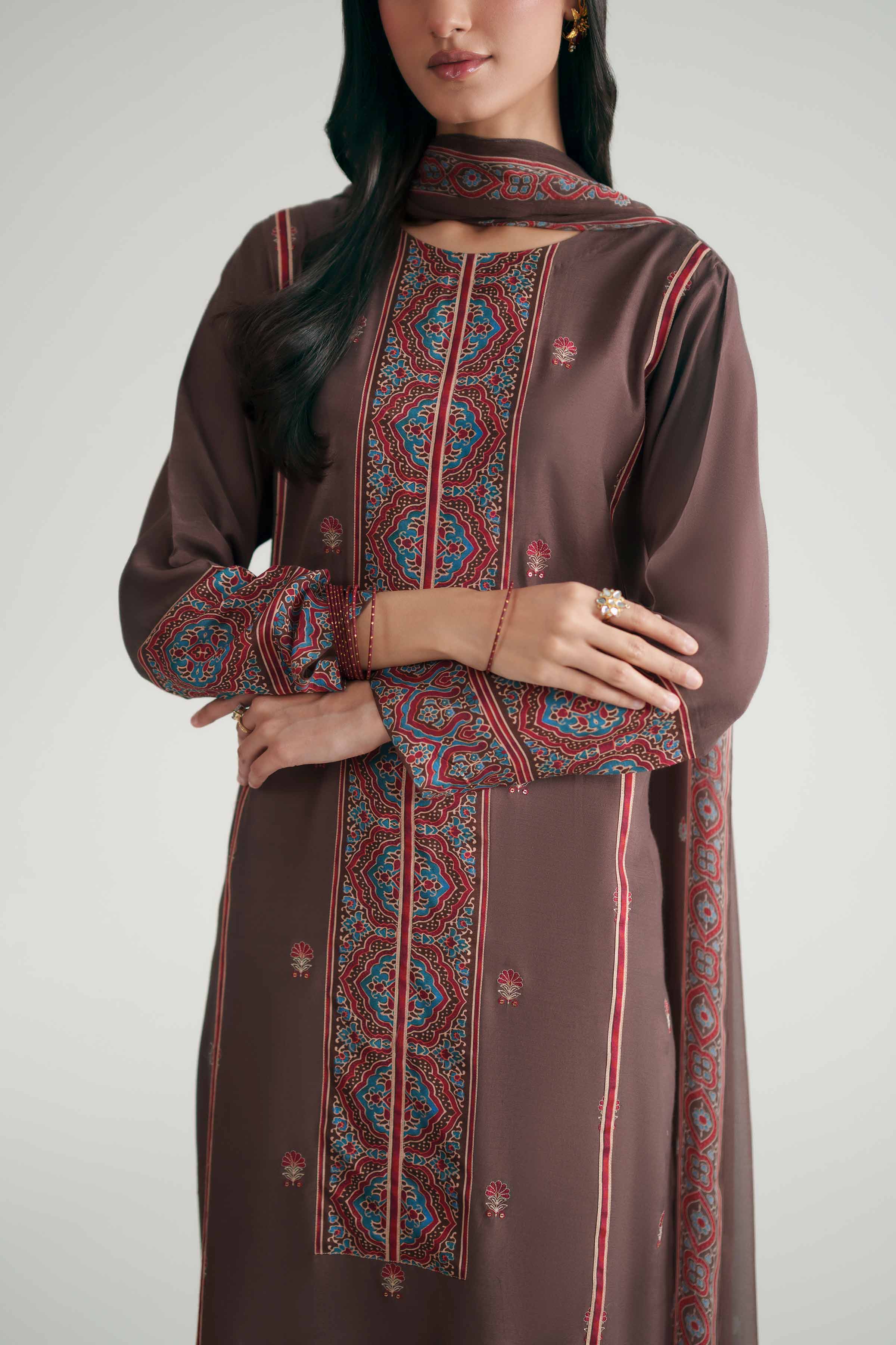 Nishat UK - Brown Embroidered Silk 3-piece ready to wear luxury Suit