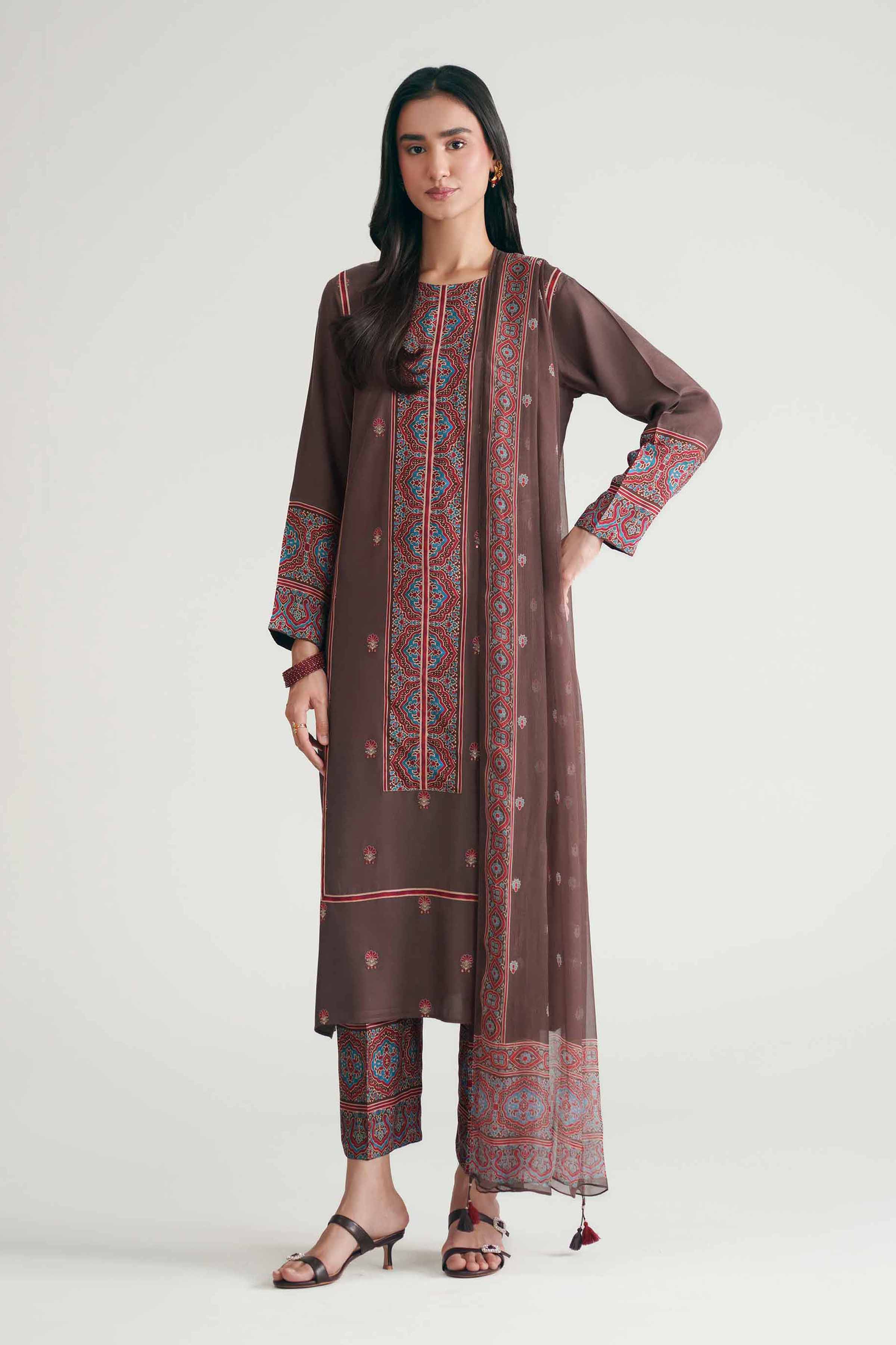 Nishat UK - Brown Embroidered Silk 3-piece ready to wear luxury Suit