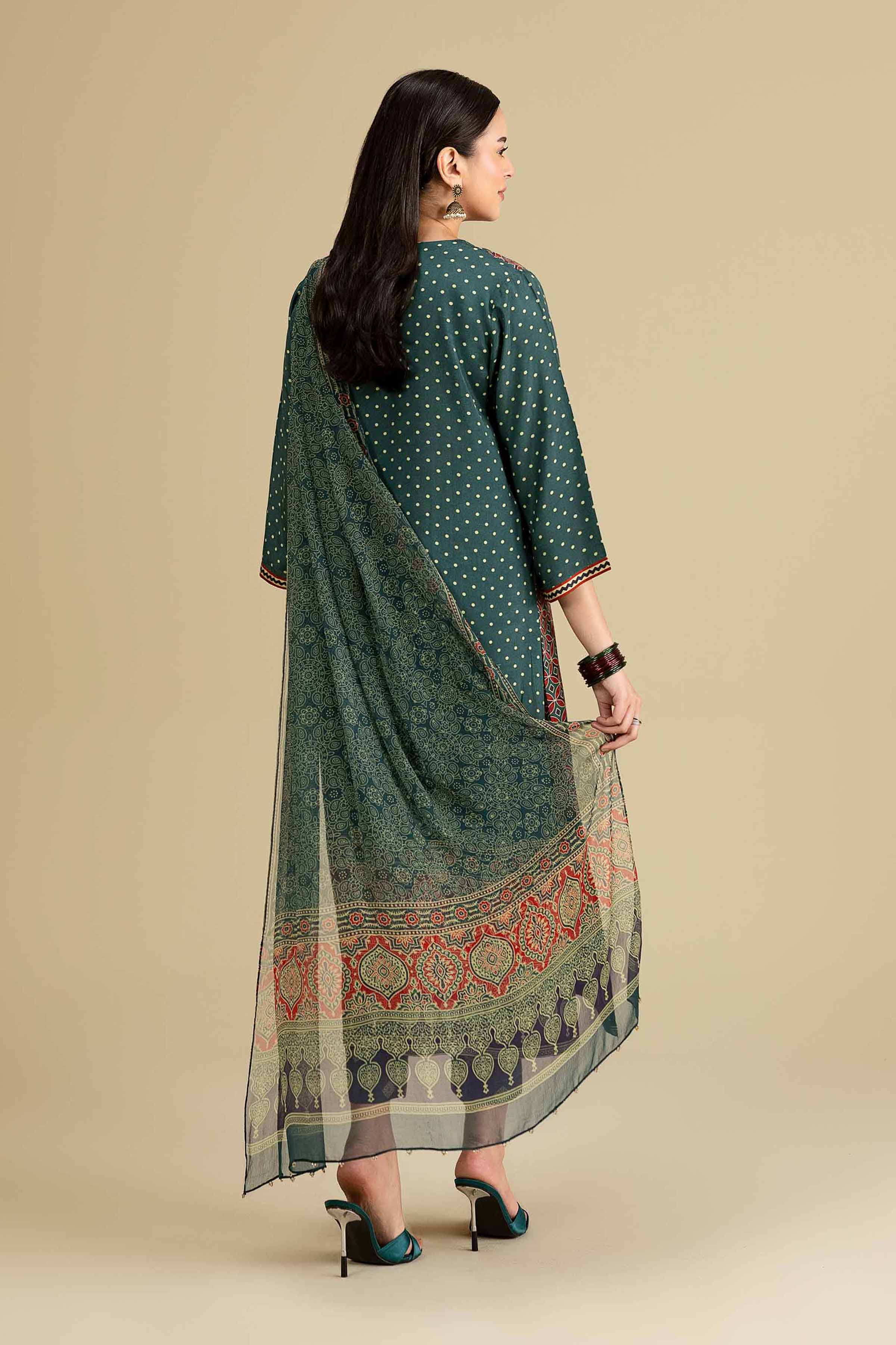 Nishat UK - Green Printed Silk 3-piece ready to wear luxury Suit