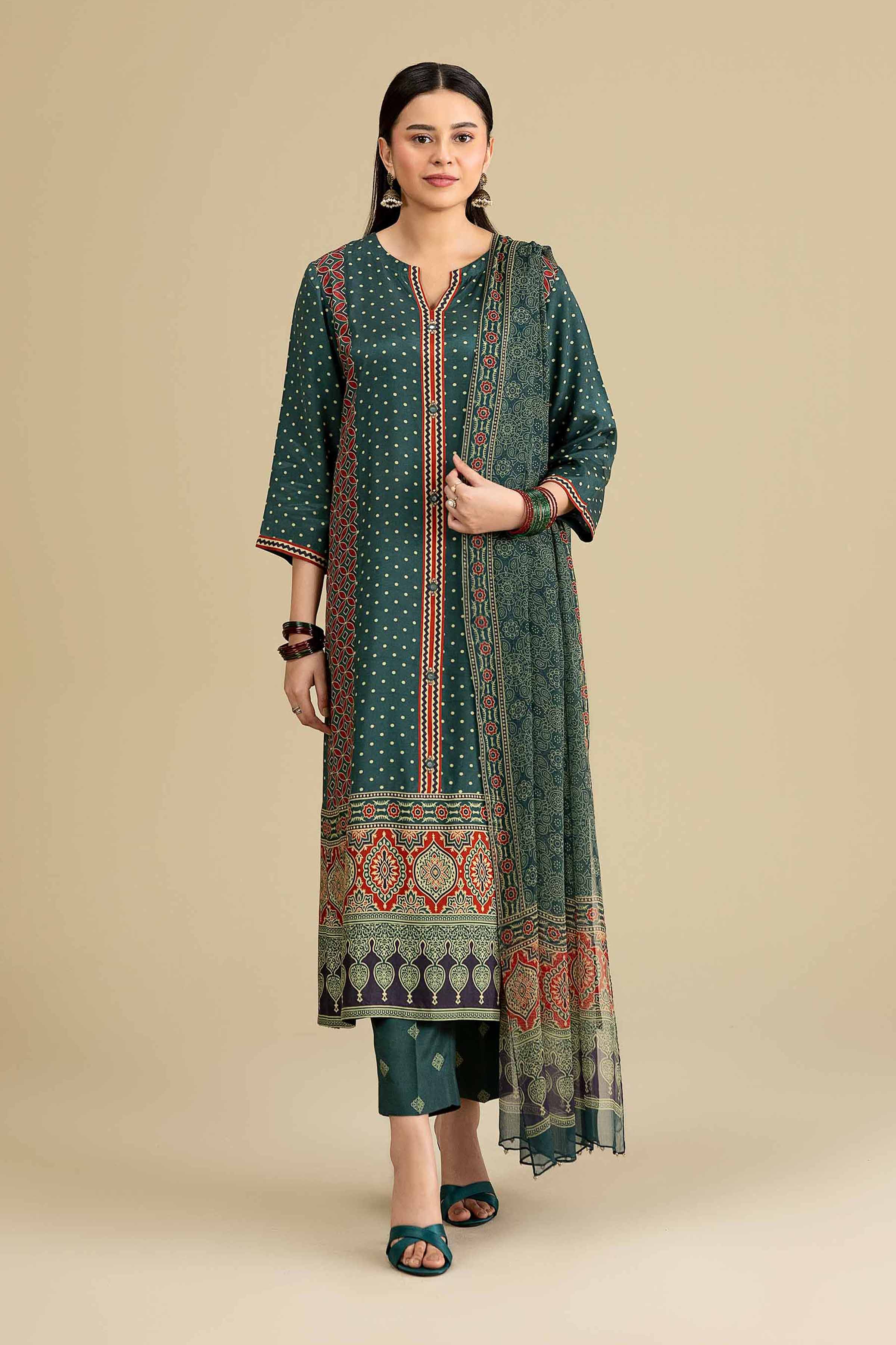 Nishat UK - Green Printed Silk 3-piece ready to wear luxury Suit