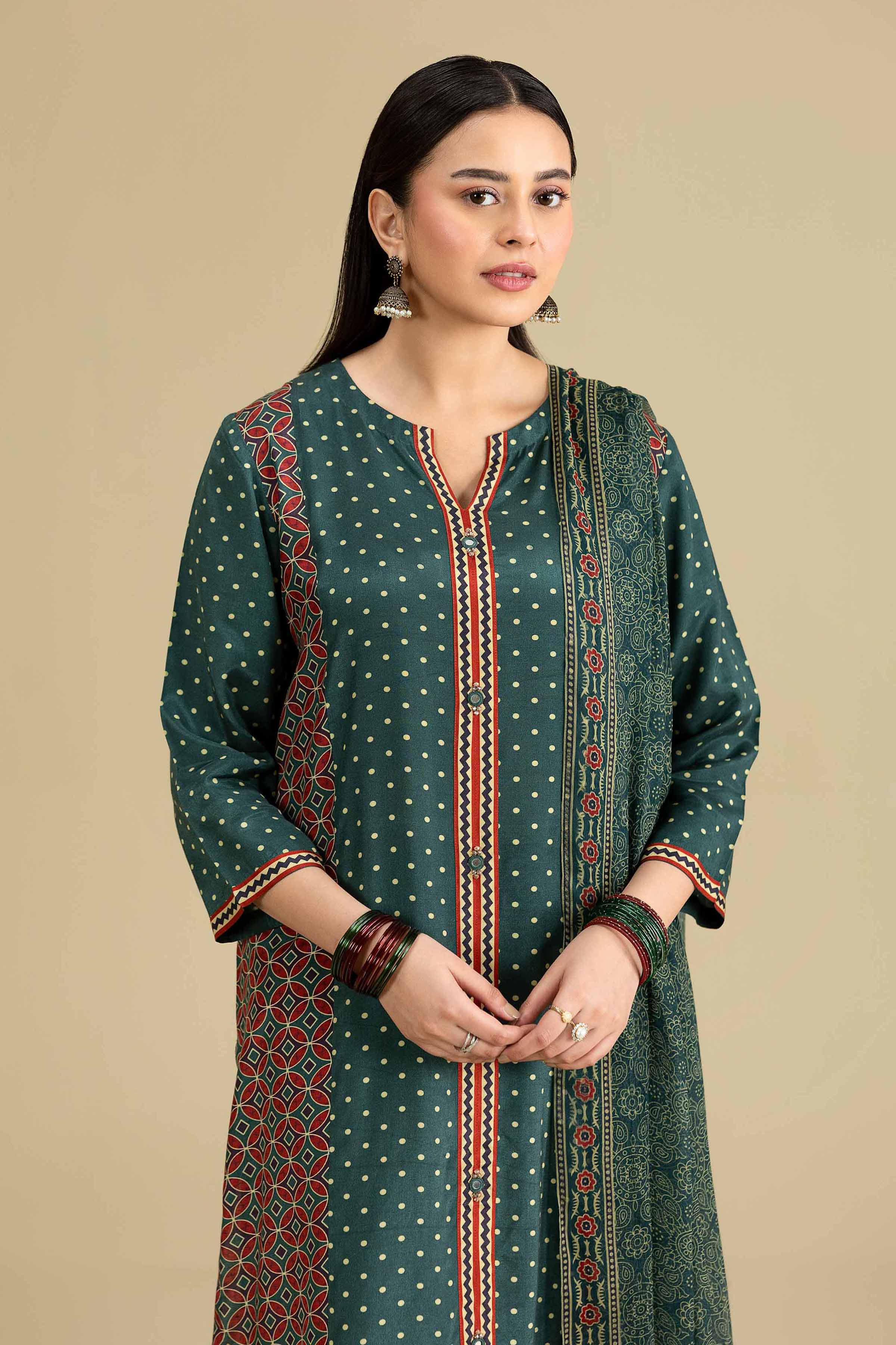 Nishat UK - Green Printed Silk 3-piece ready to wear luxury Suit