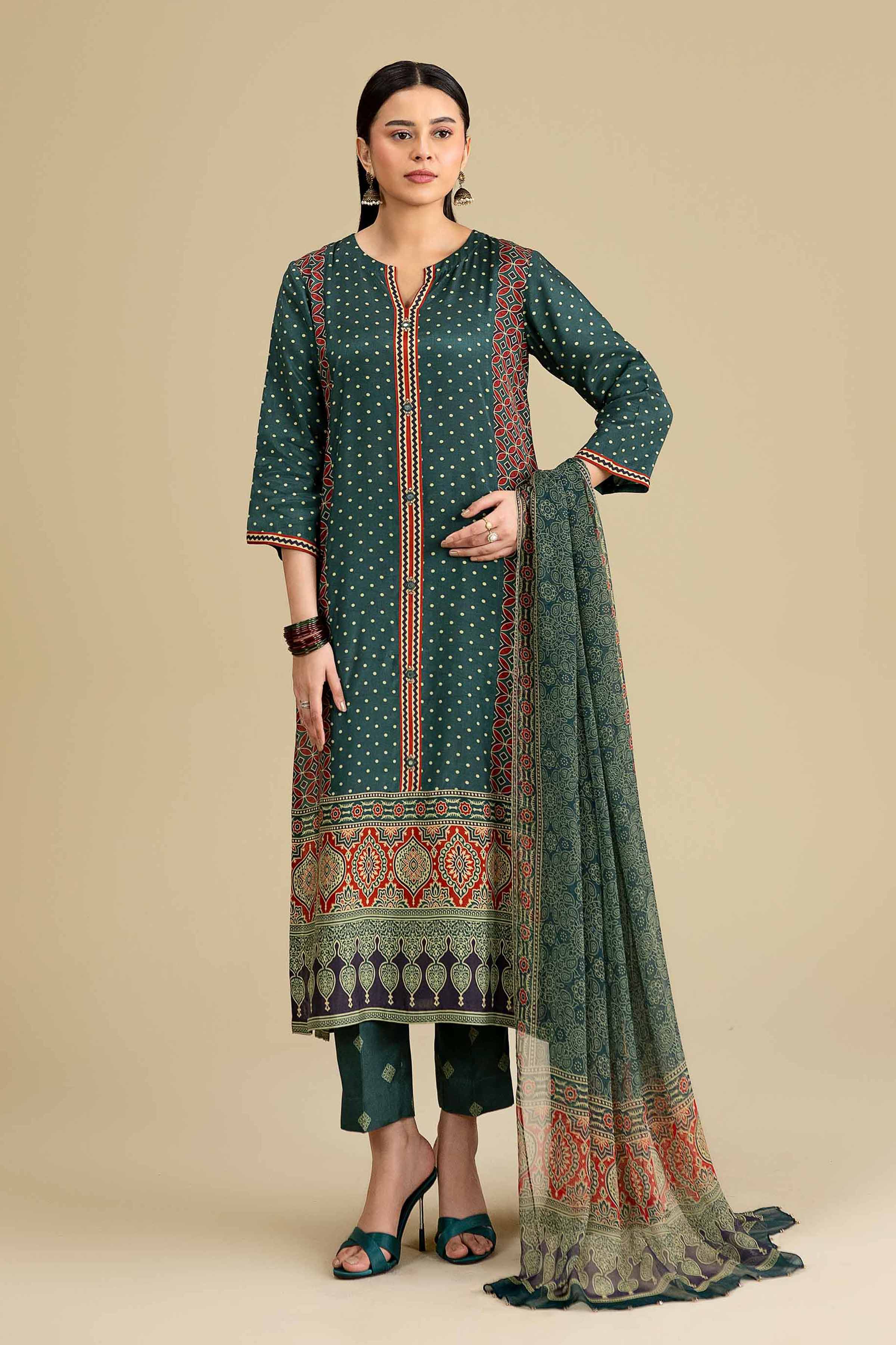 Nishat UK - Green Printed Silk 3-piece ready to wear luxury Suit