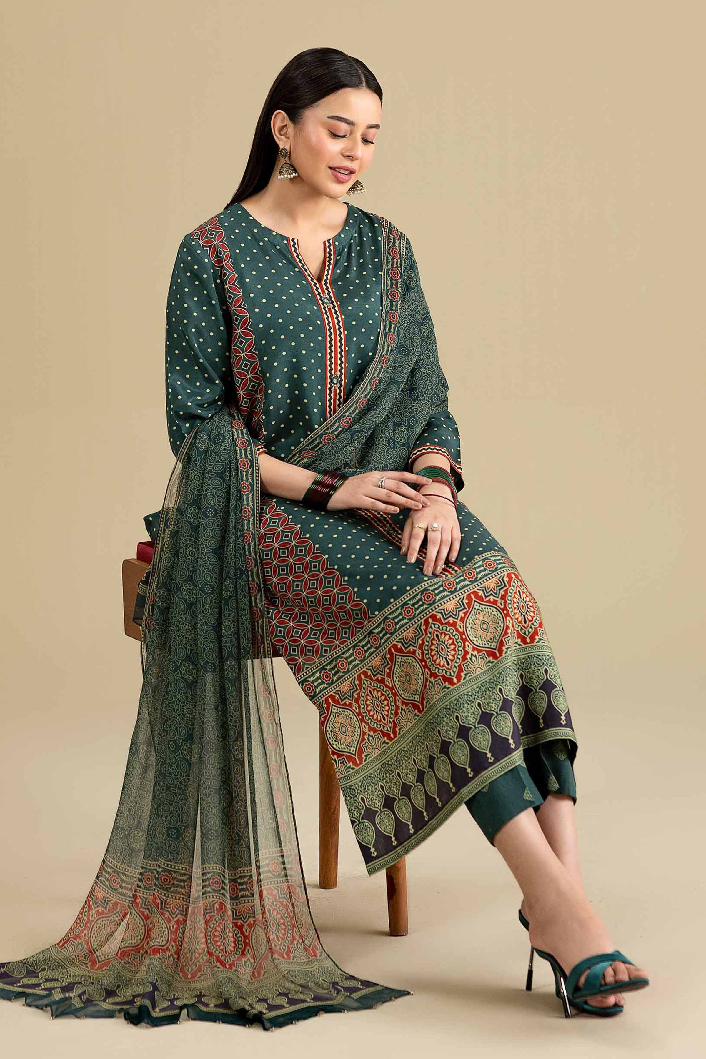 Nishat UK - Green Printed Silk 3-piece ready to wear luxury Suit