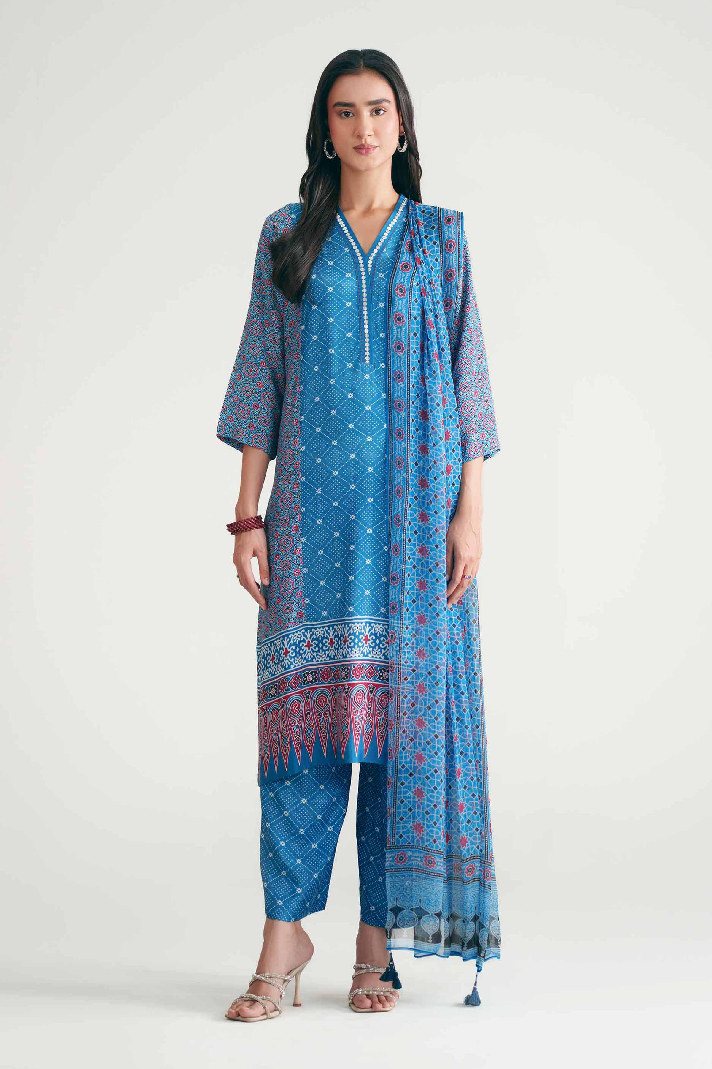 Nishat UK - Blue Printed Silk 3 Pieces ready to wear Suit