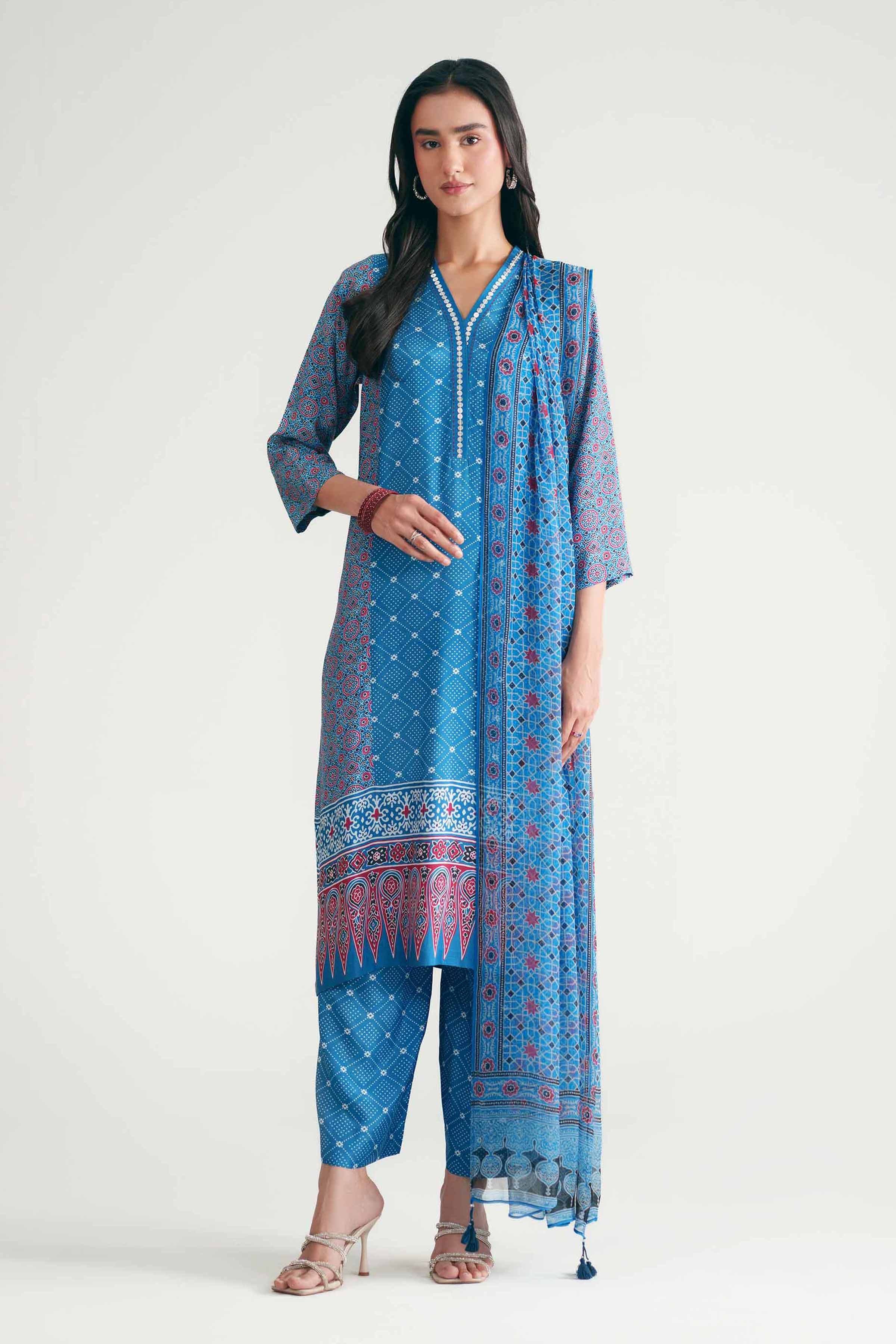 Nishat UK - Blue Printed Silk 3 Pieces ready to wear Suit