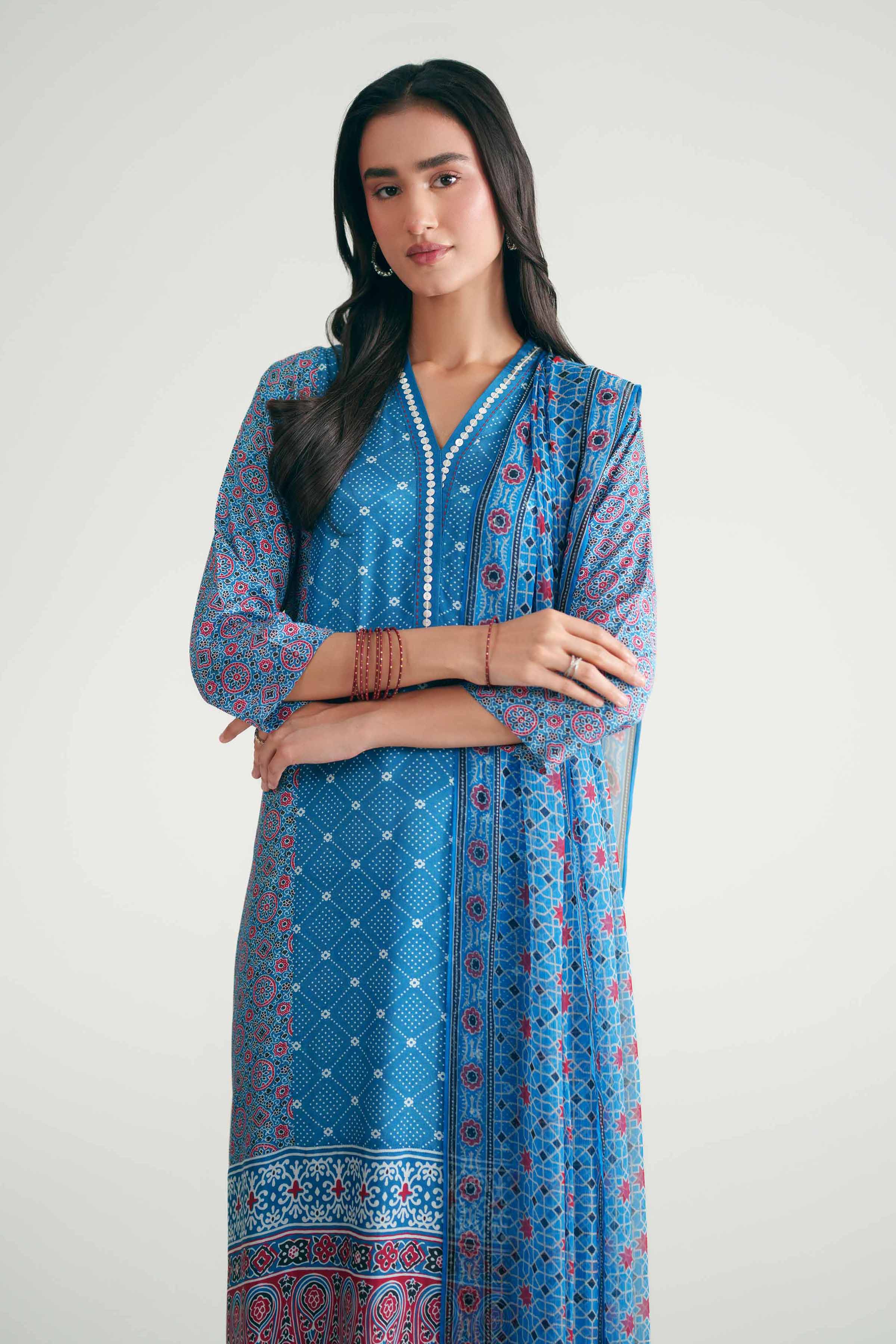 Nishat UK - Blue Printed Silk 3 Pieces ready to wear Suit