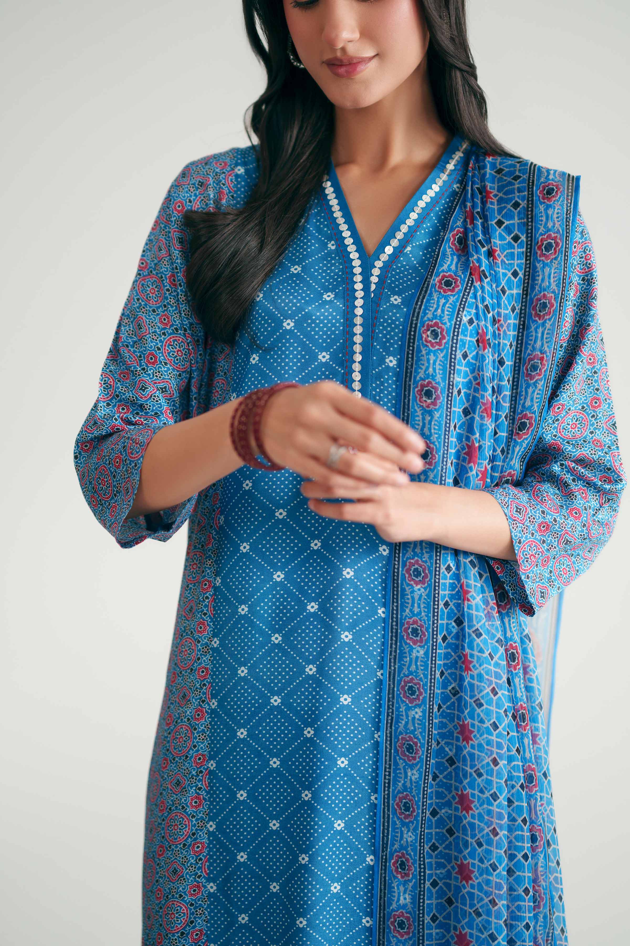 Nishat UK - Blue Printed Silk 3 Pieces ready to wear Suit