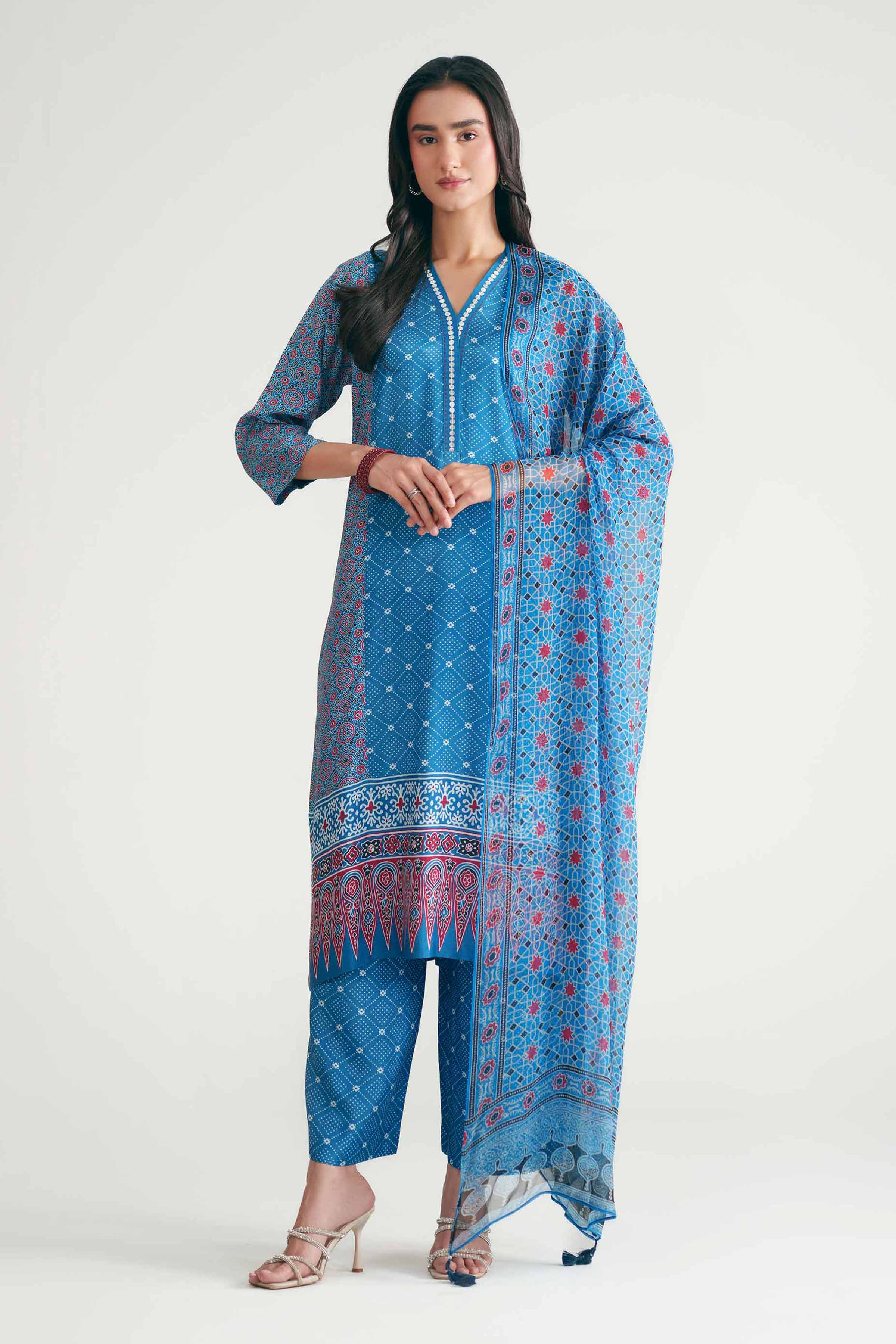 Nishat UK - Blue Printed Silk 3 Pieces ready to wear Suit