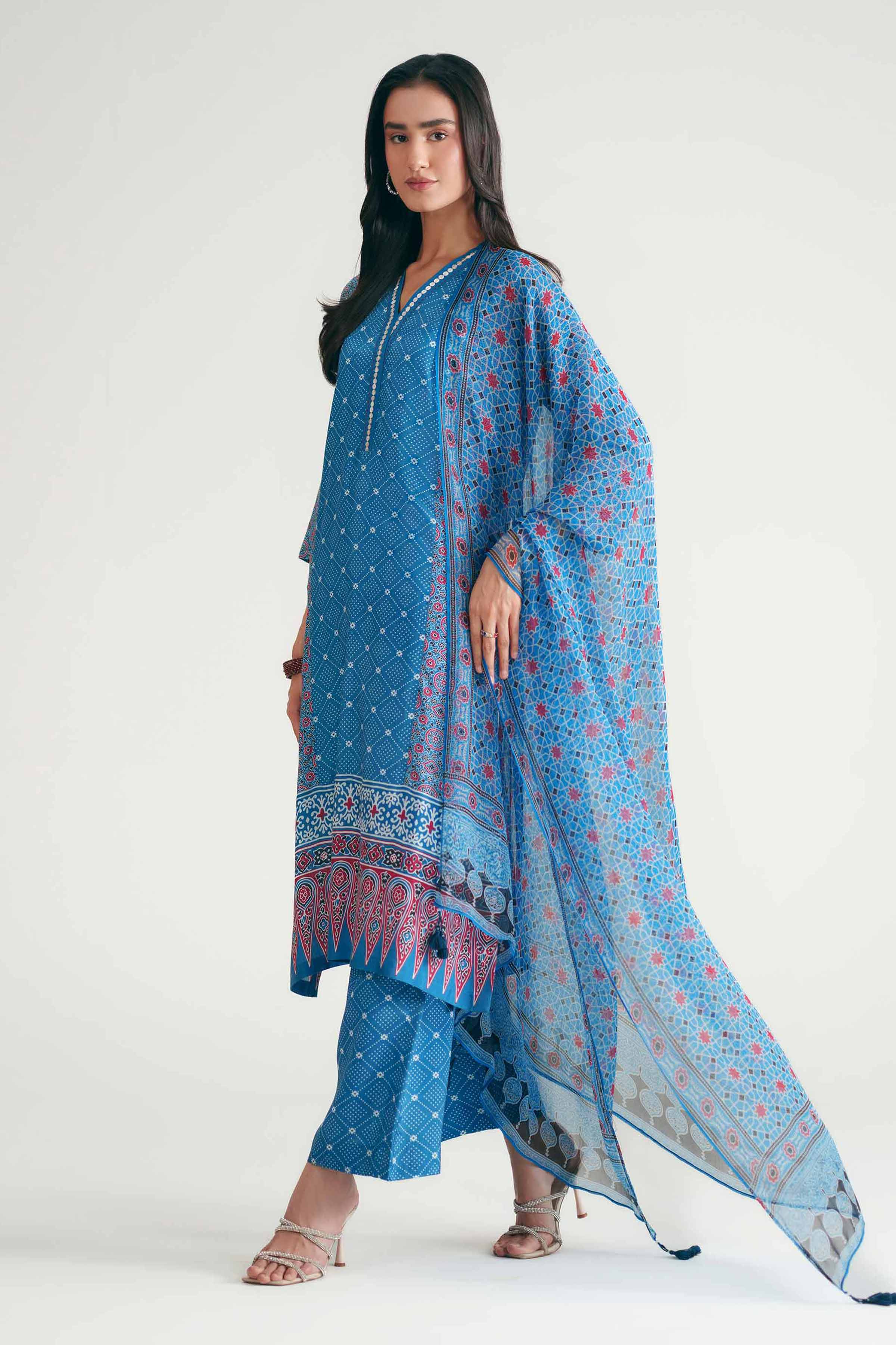 Nishat UK - Blue Printed Silk 3 Pieces ready to wear Suit