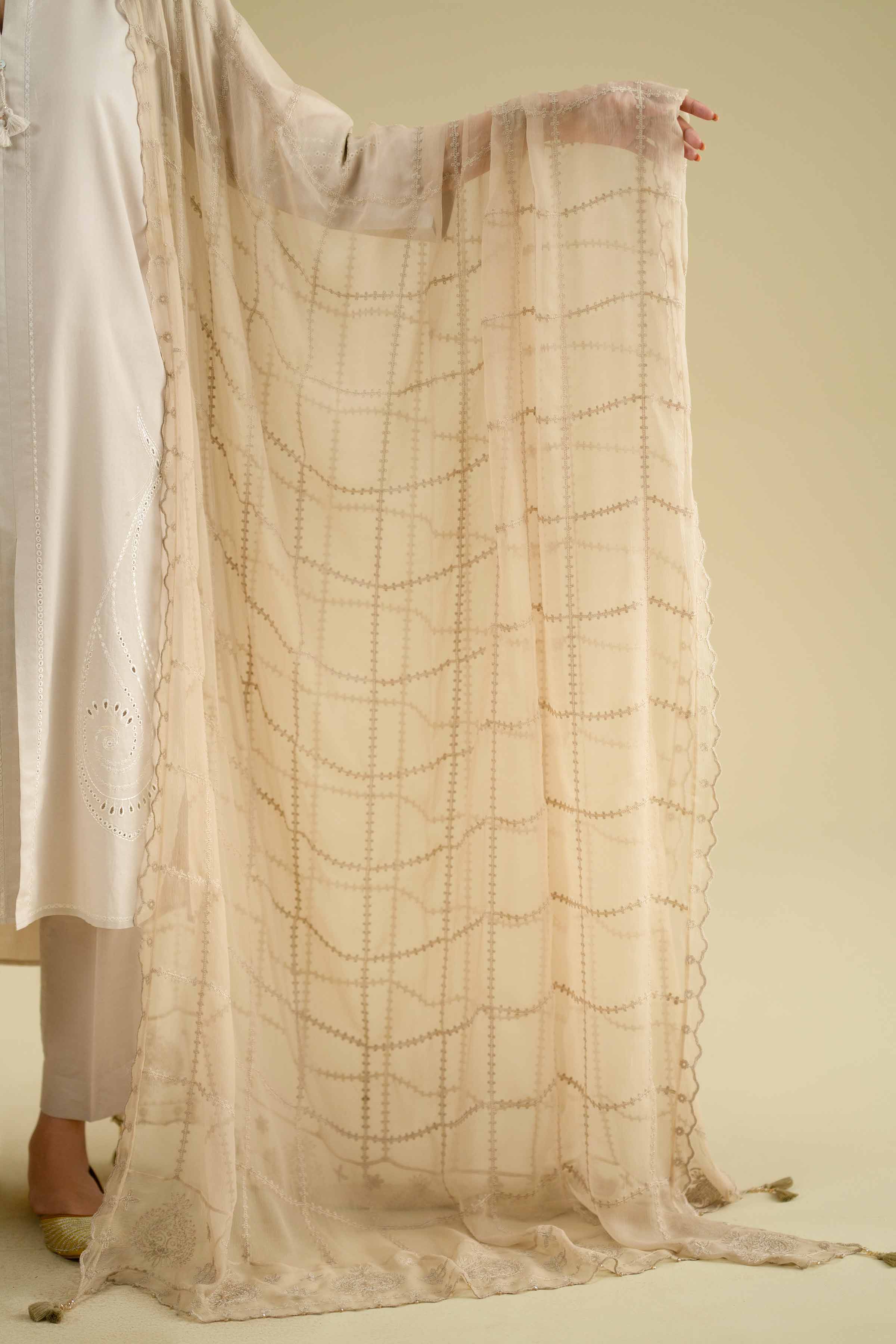 NishatUK - Brown Embroidered Chiffon 1-piece ready to wear dupatta