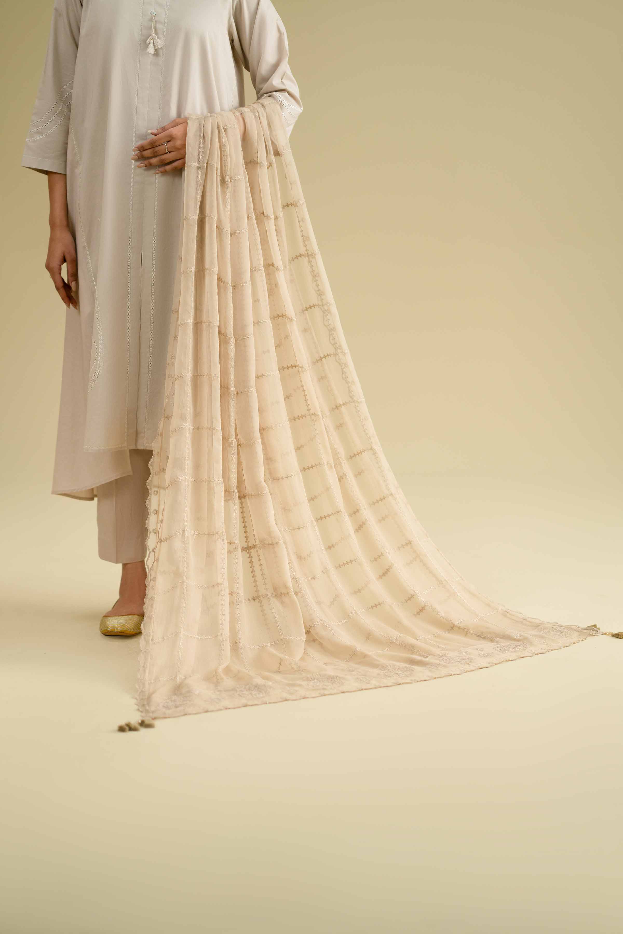 NishatUK - Brown Embroidered Chiffon 1-piece ready to wear dupatta