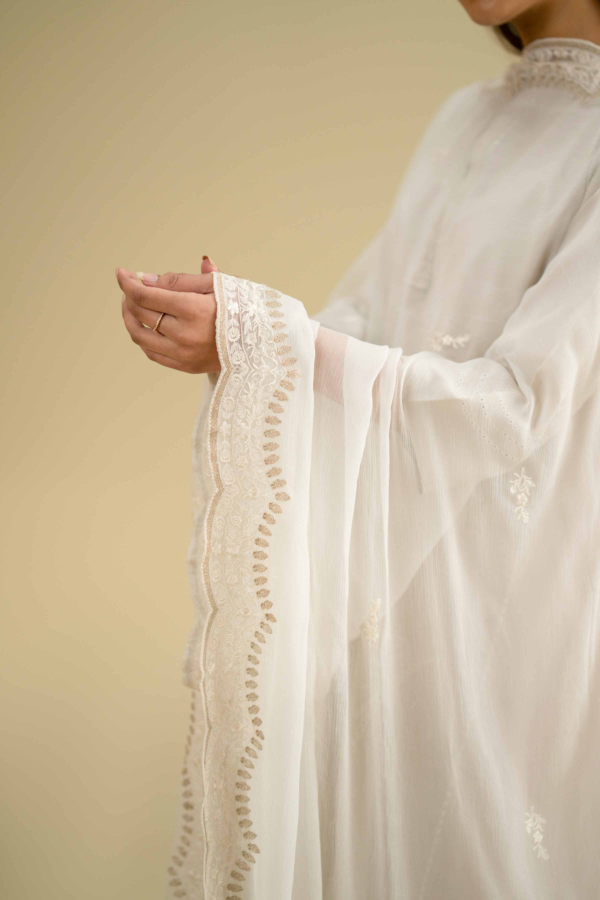 NishatUK - Off White Embroidered Chiffon 1-piece ready to wear dupatta