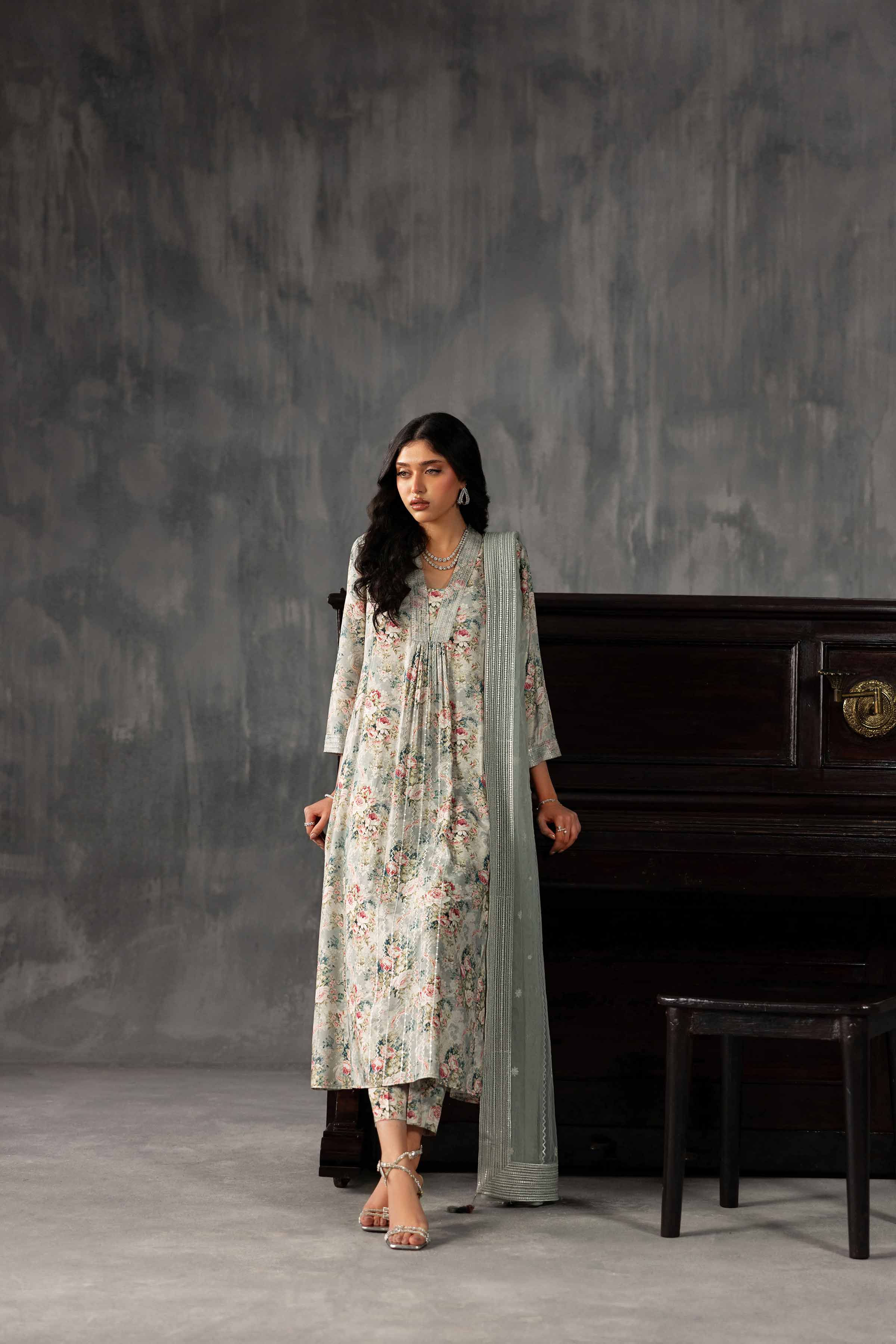 Nishat UK - Grey Embroidered Silk 3 Piece ready to wear luxury Suit