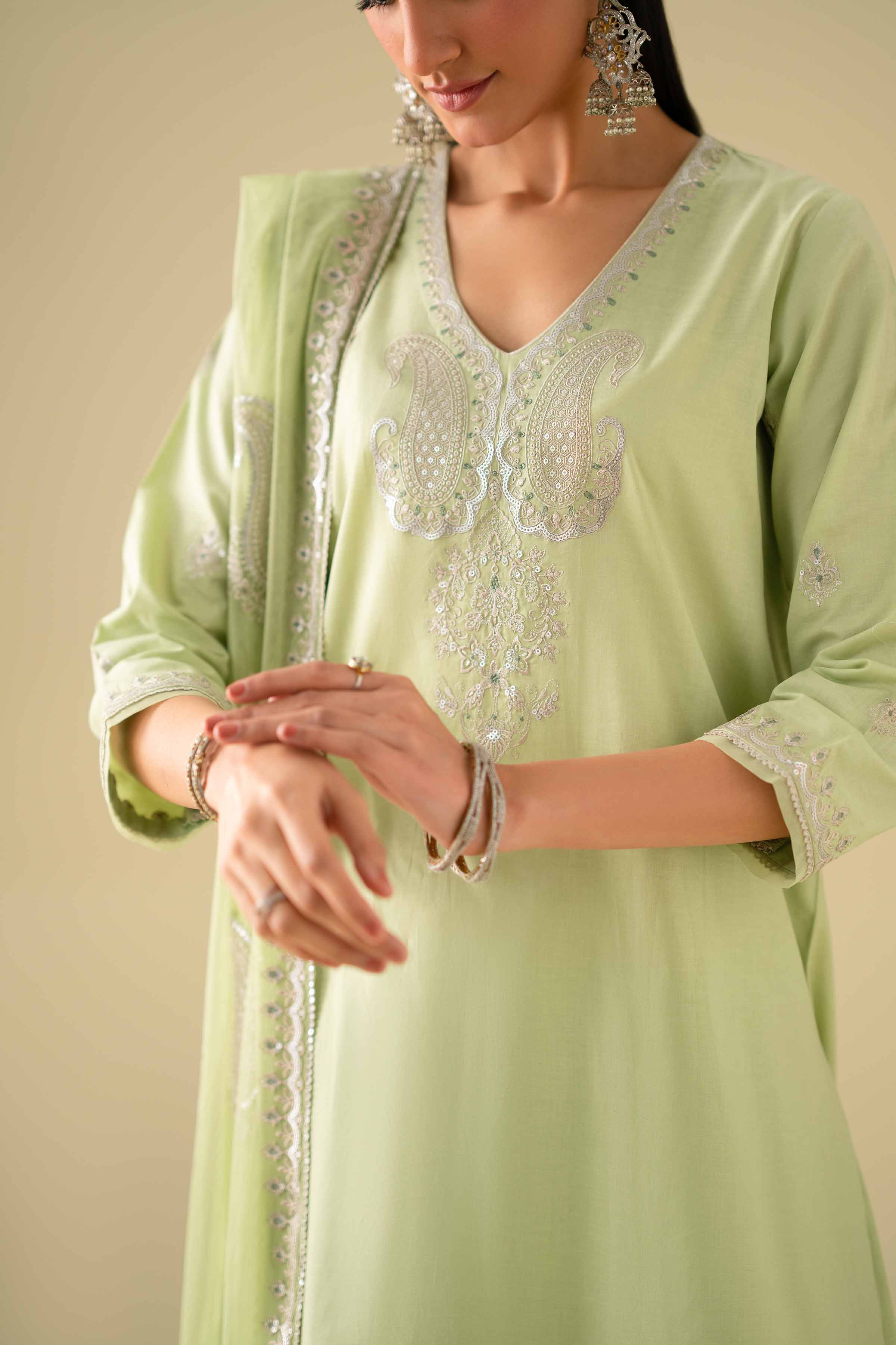NishatUK - Green Embroidered Cambric 3-piece ready to wear luxury Suit