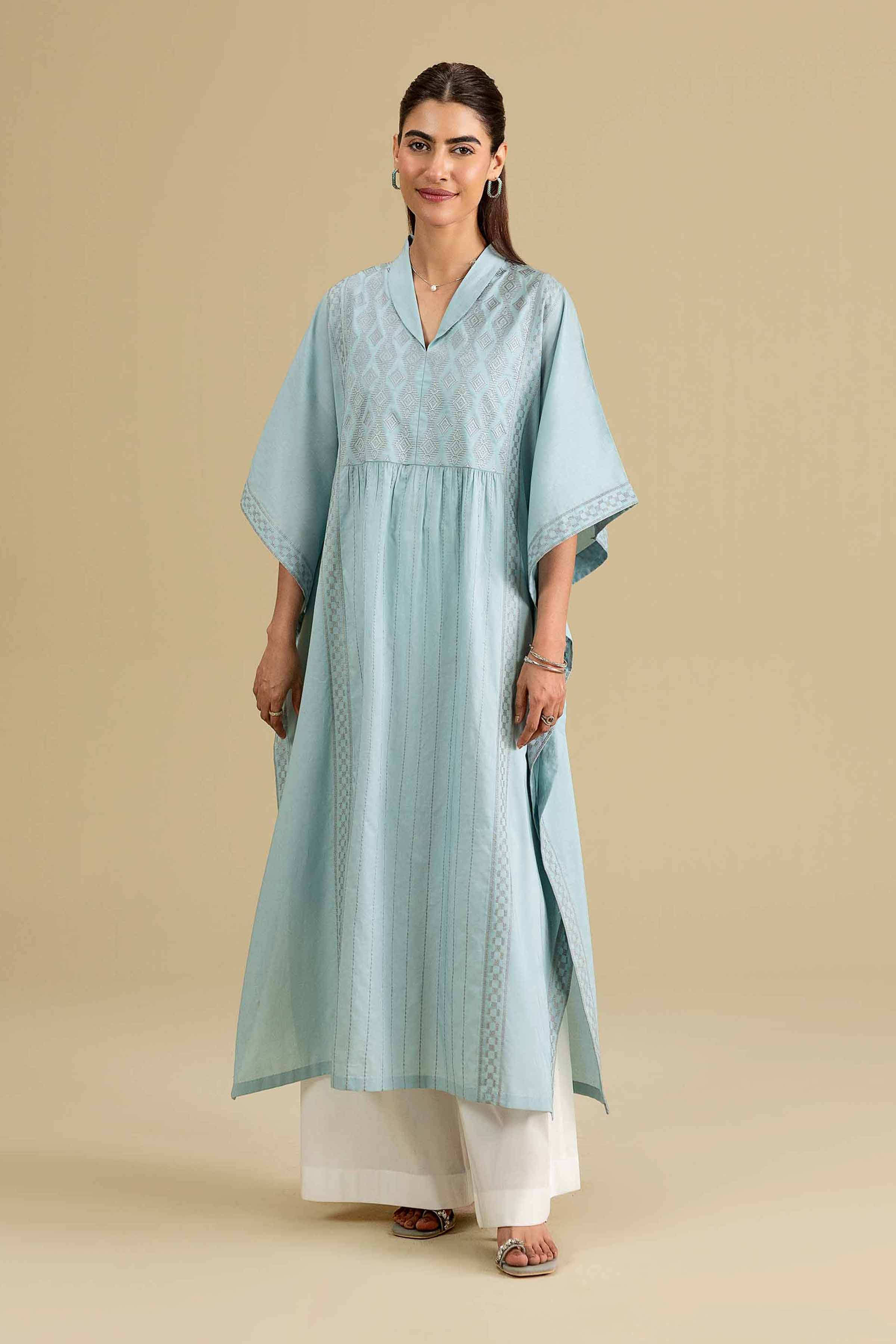Nishat UK - Blue Embroidered Cambric 1-piece ready to wear luxury kaftan