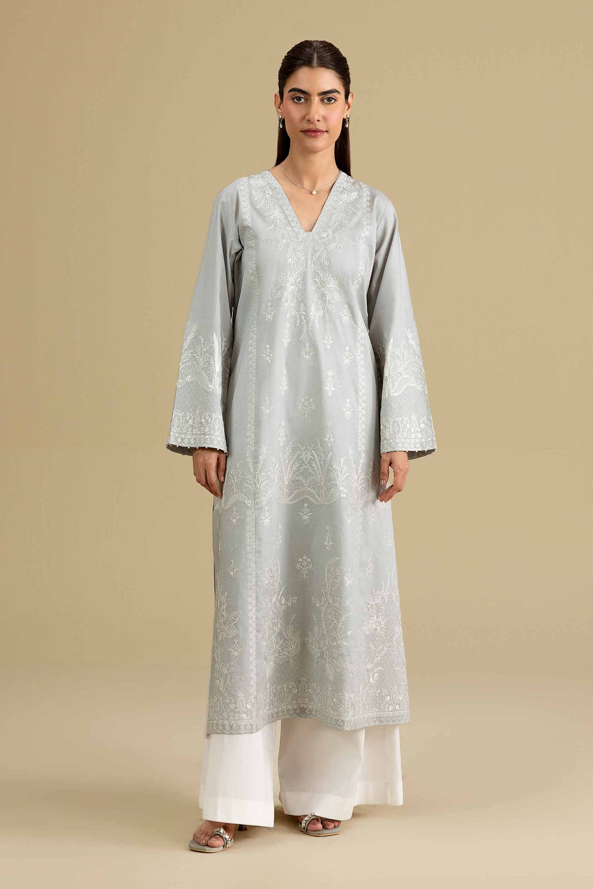 Nishat UK - Grey Embroidered Cambric 1-piece ready to wear luxury Shirt