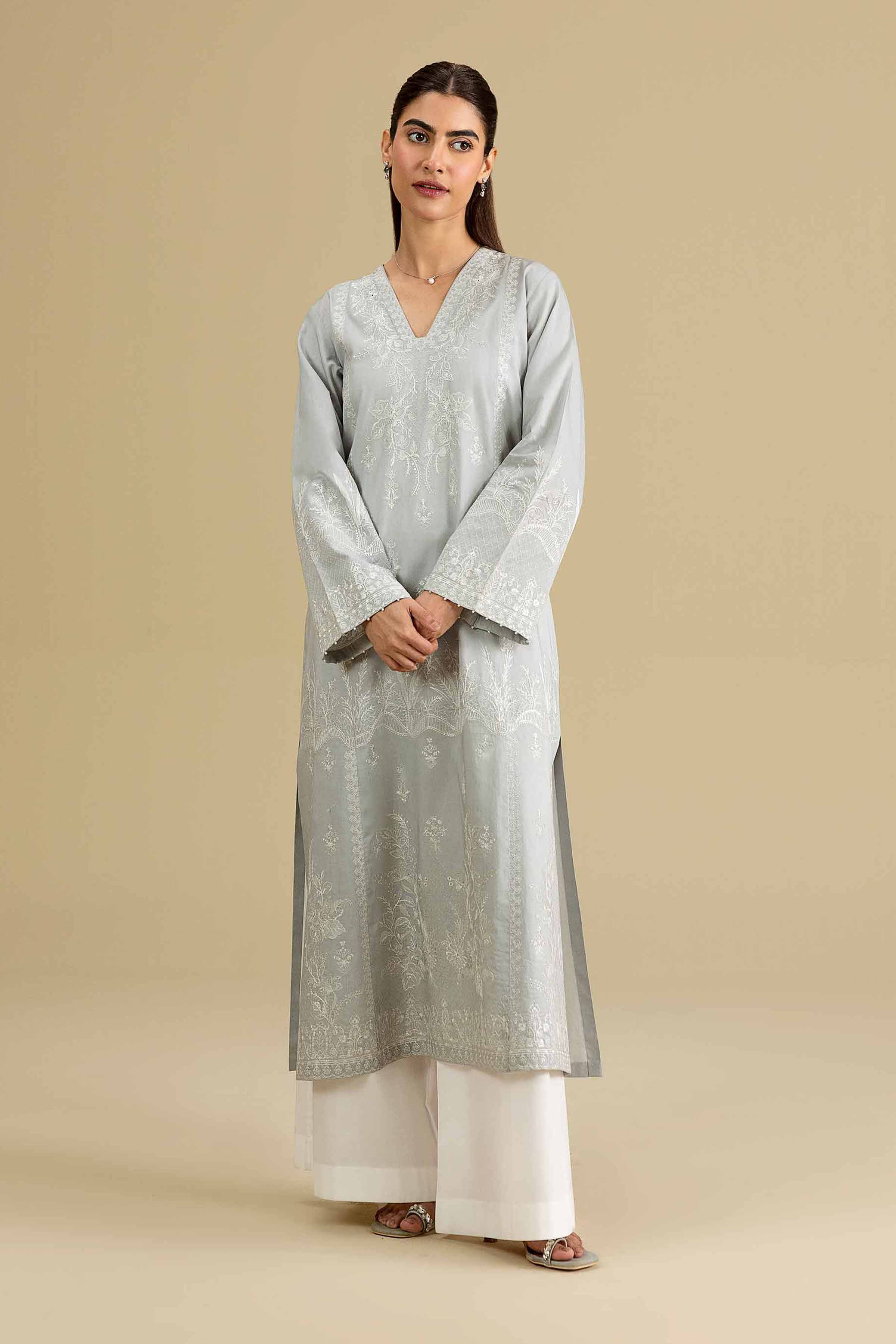 Nishat UK - Grey Embroidered Cambric 1-piece ready to wear luxury Shirt