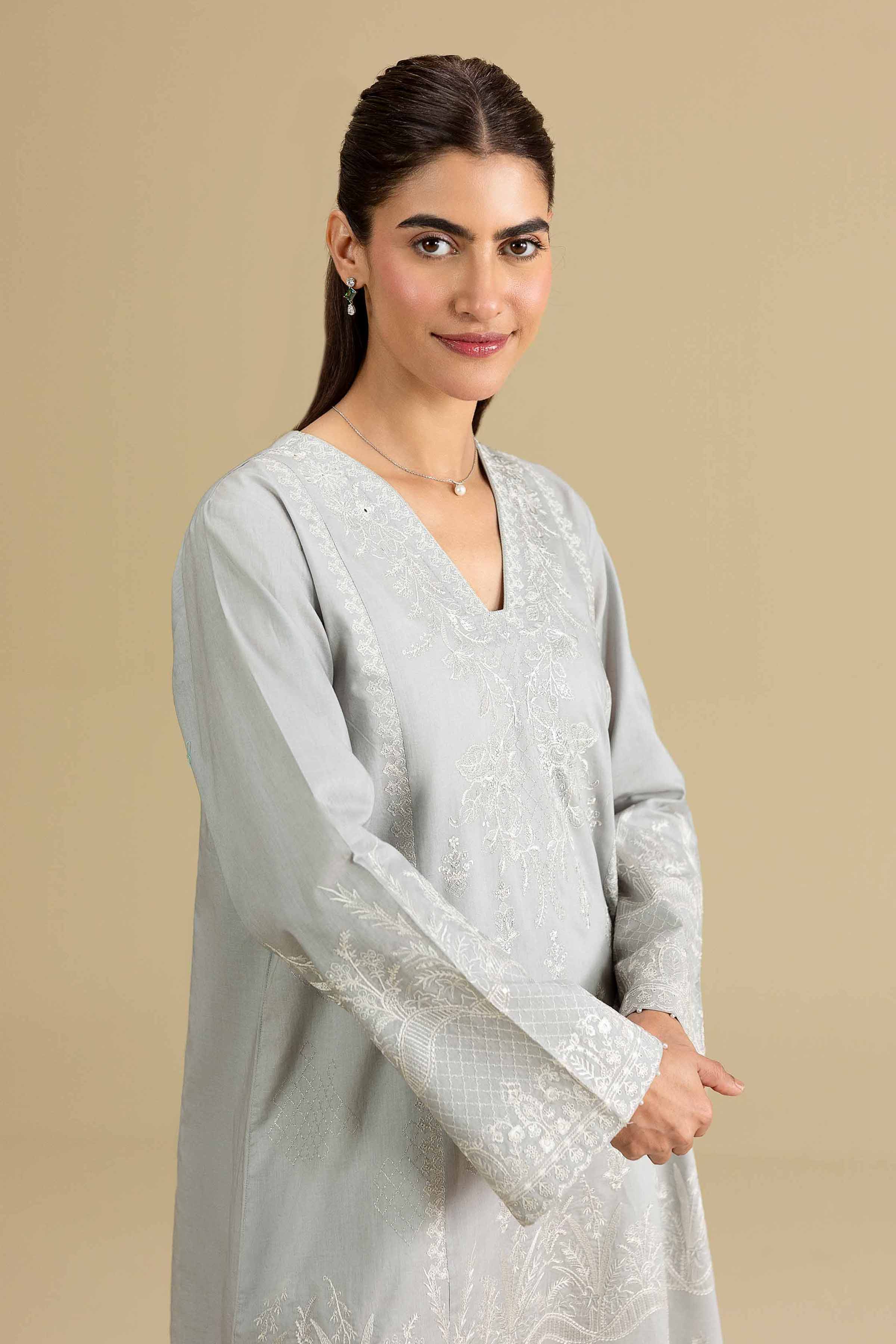 Nishat UK - Grey Embroidered Cambric 1-piece ready to wear luxury Shirt