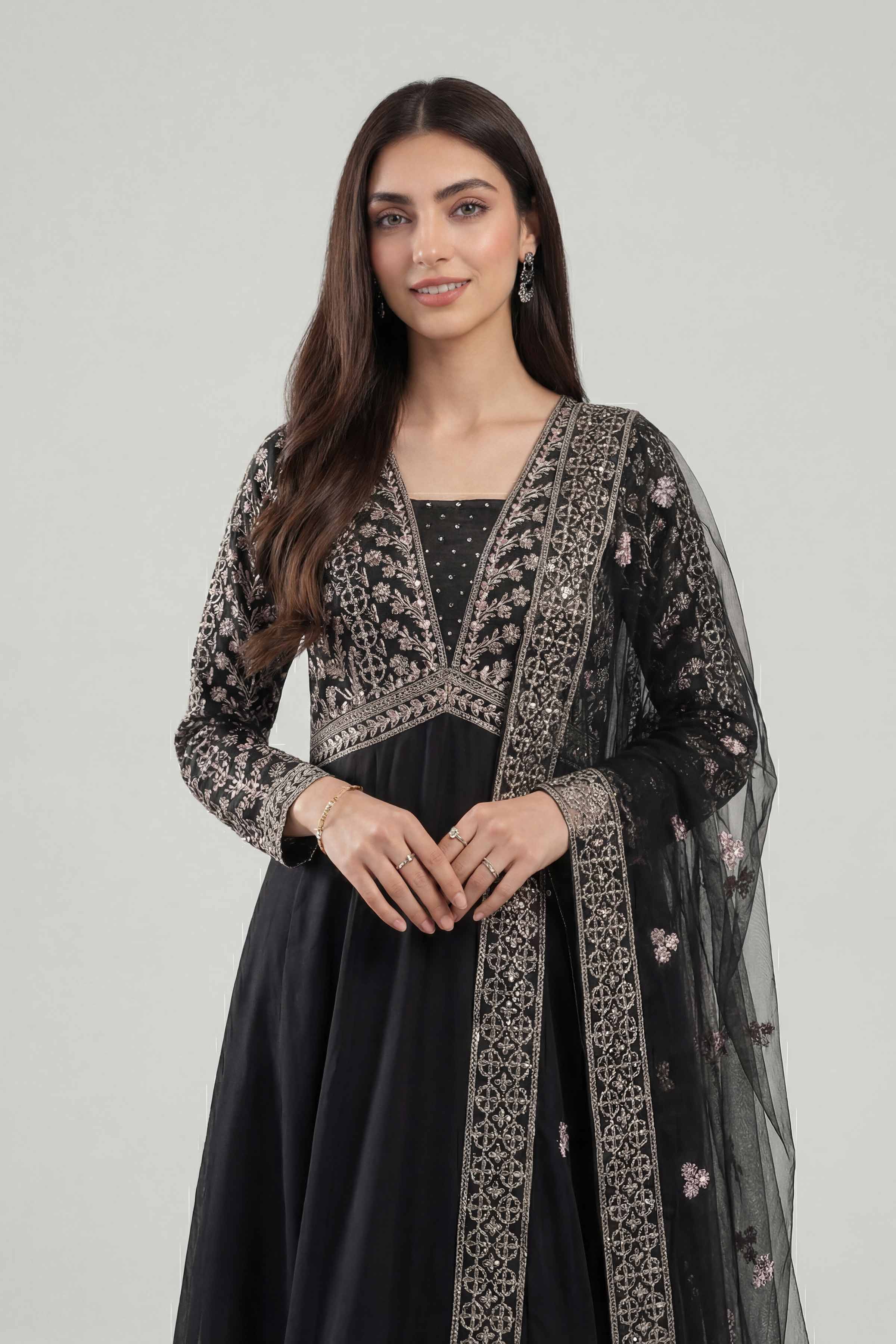 Nishat UK - Black Embroidered Cambric 2 Piece ready to wear luxury Dress