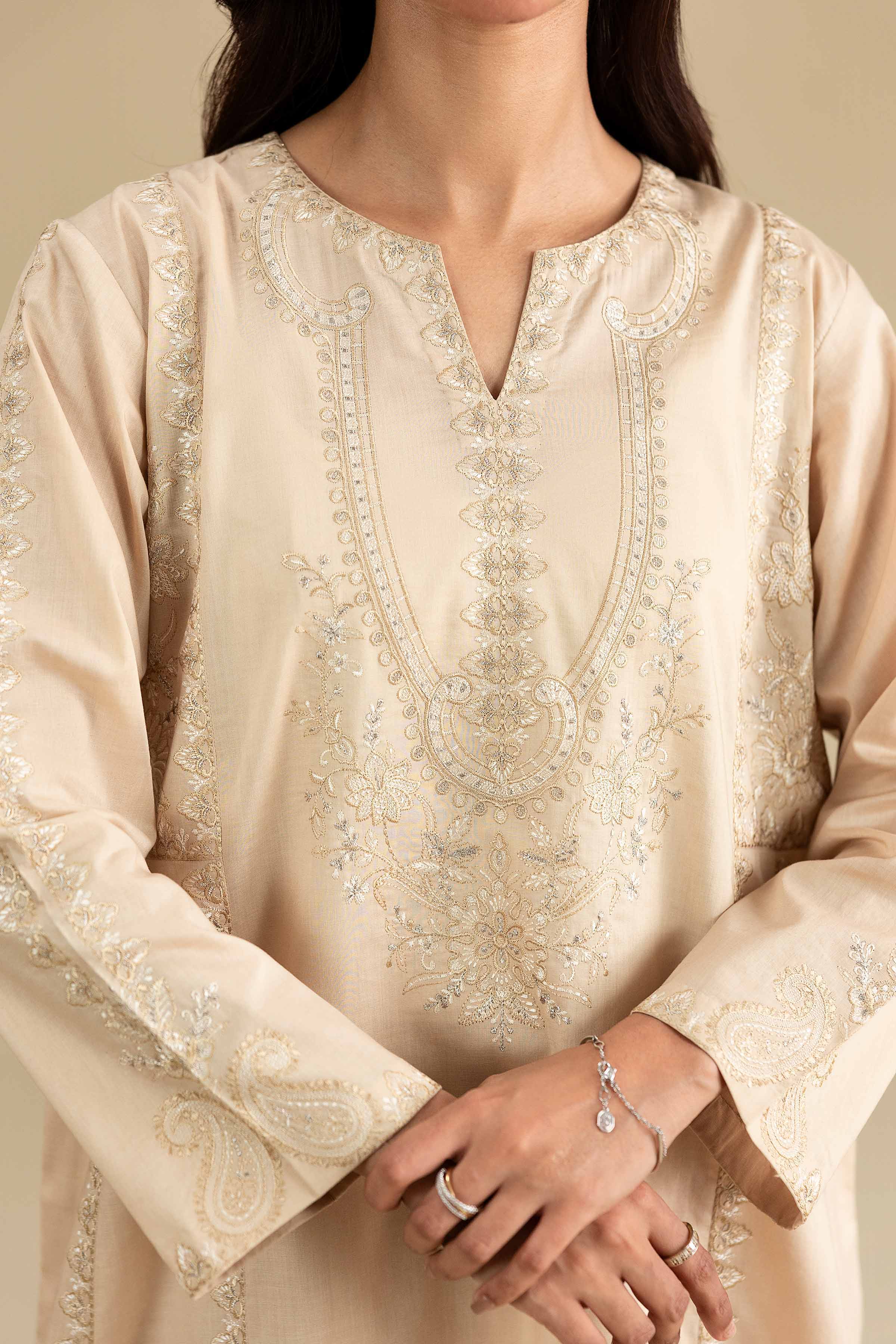 Nishat UK - Beige Embroidered Cambric 2-piece ready to wear luxury Dress
