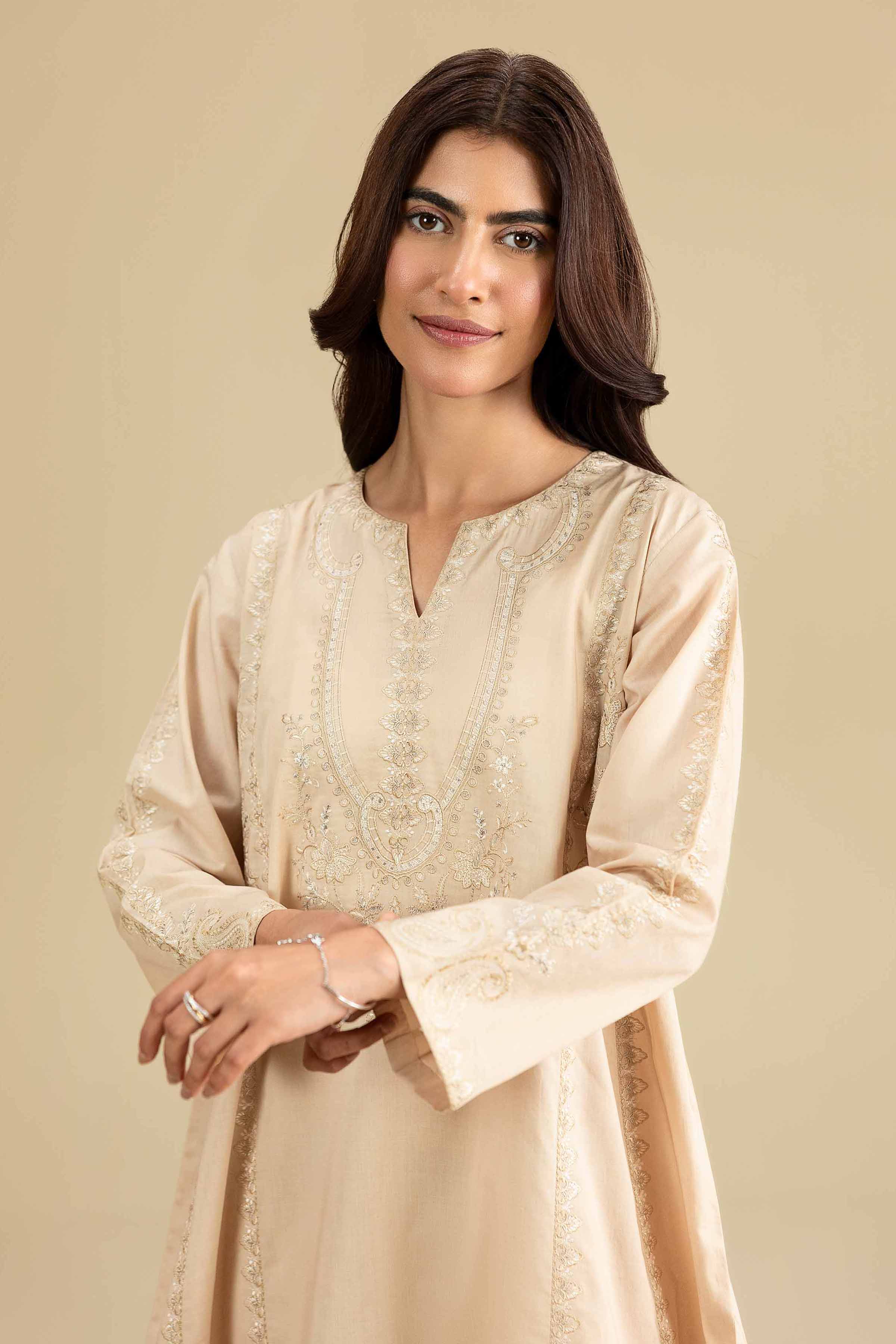 Nishat UK - Beige Embroidered Cambric 2-piece ready to wear luxury Dress