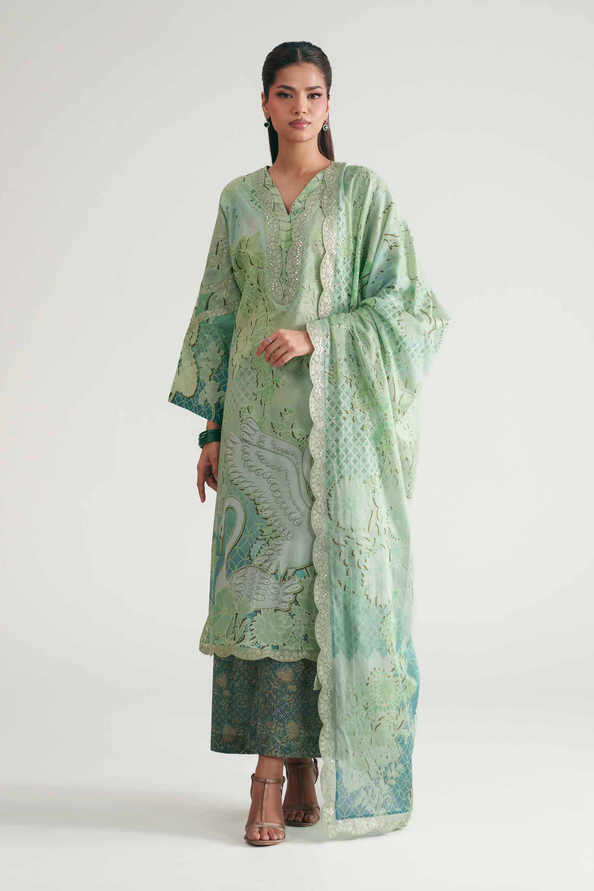 Nishat UK - Green Embroidered Lawn 3 Pieces ready to wear Suit