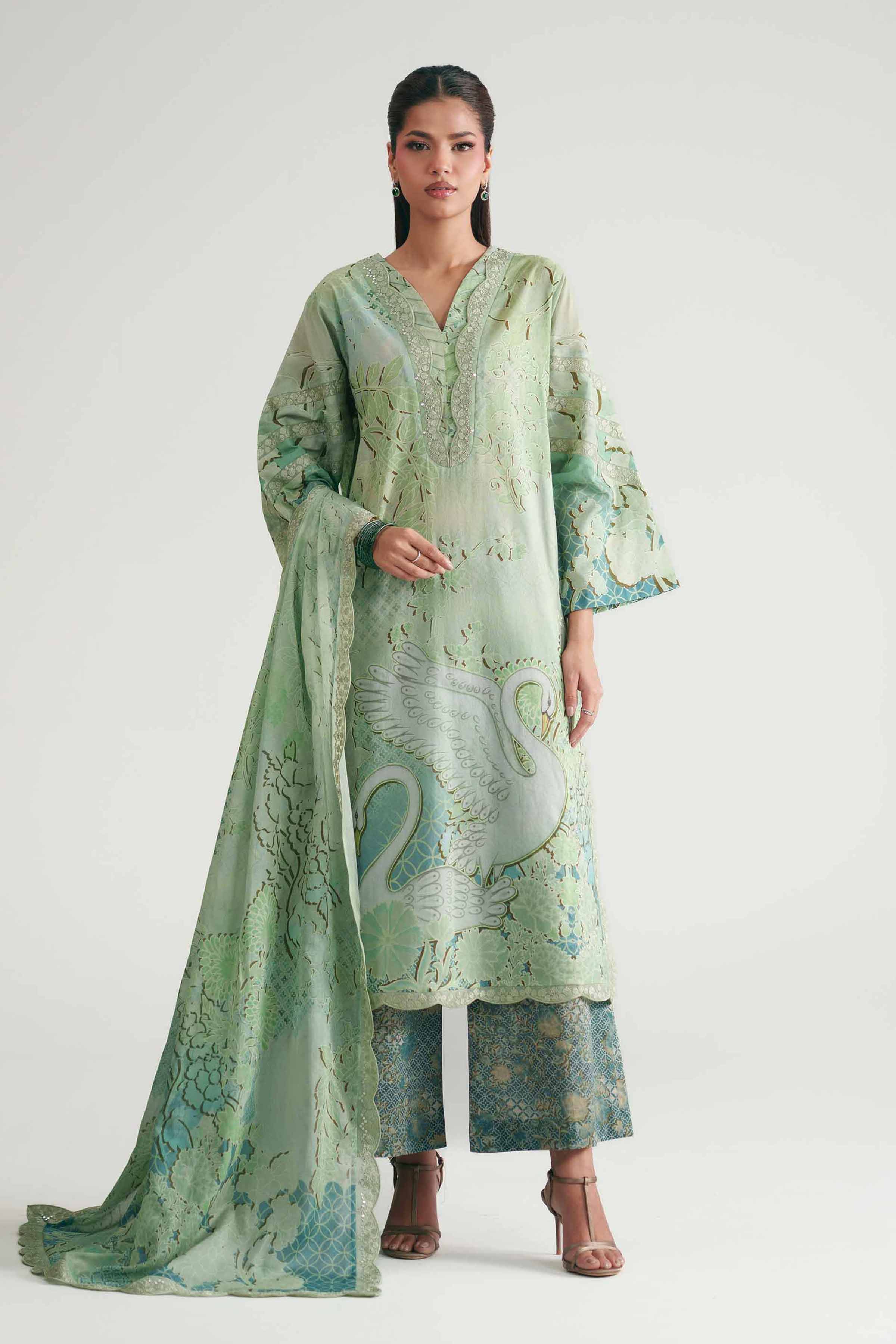 Nishat UK - Green Embroidered Lawn 3 Pieces ready to wear Suit