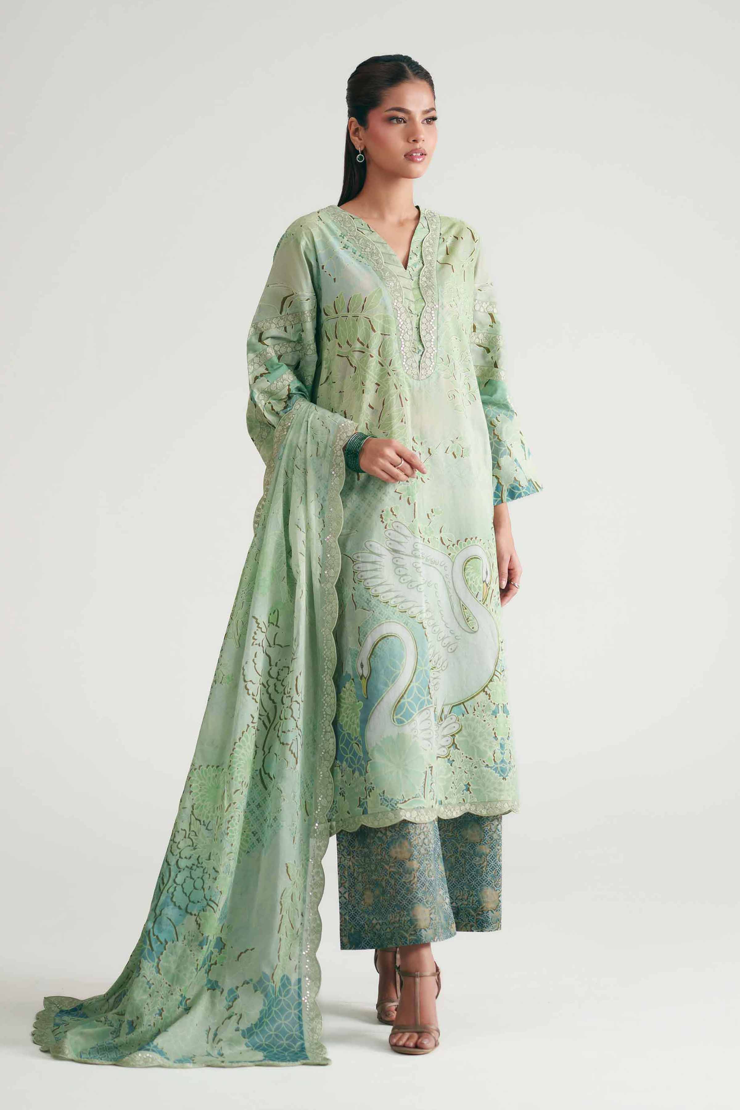Nishat UK - Green Embroidered Lawn 3 Pieces ready to wear Suit