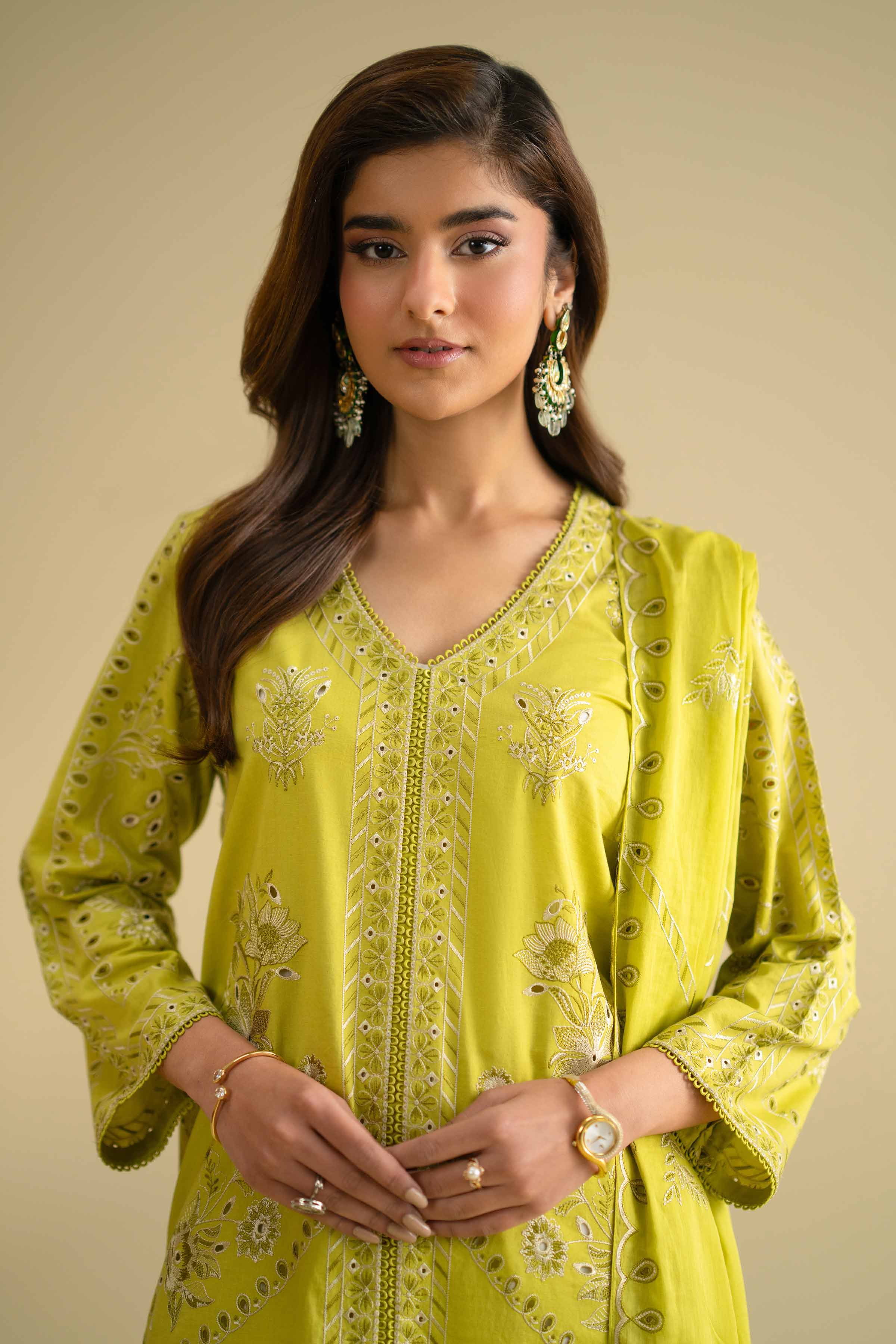 NishatUK - Olive Embroidered Cambric 2-piece ready to wear Dress