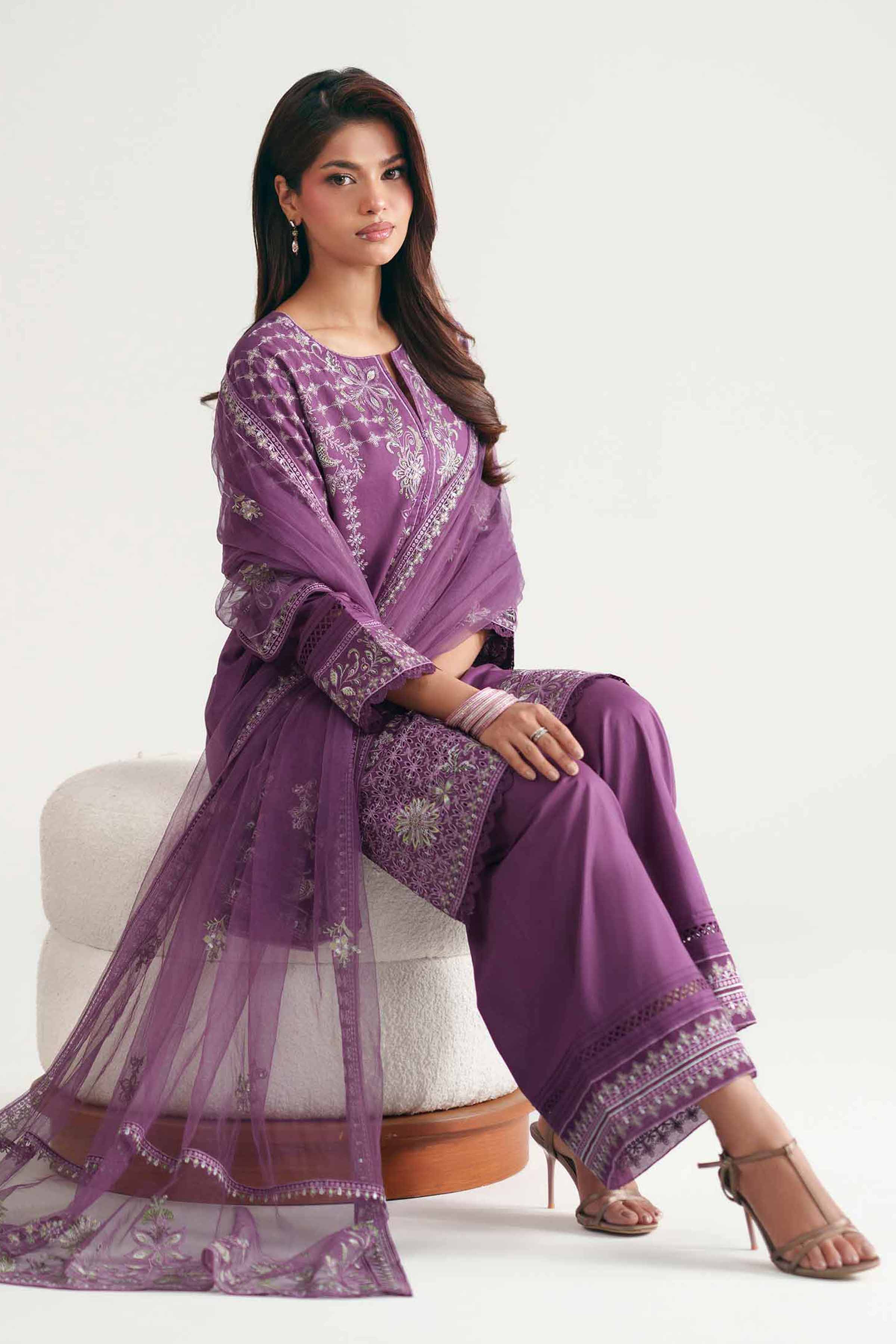 Nishat UK - Purple Embroidered Cambric 3 Piece ready to wear luxury Suit