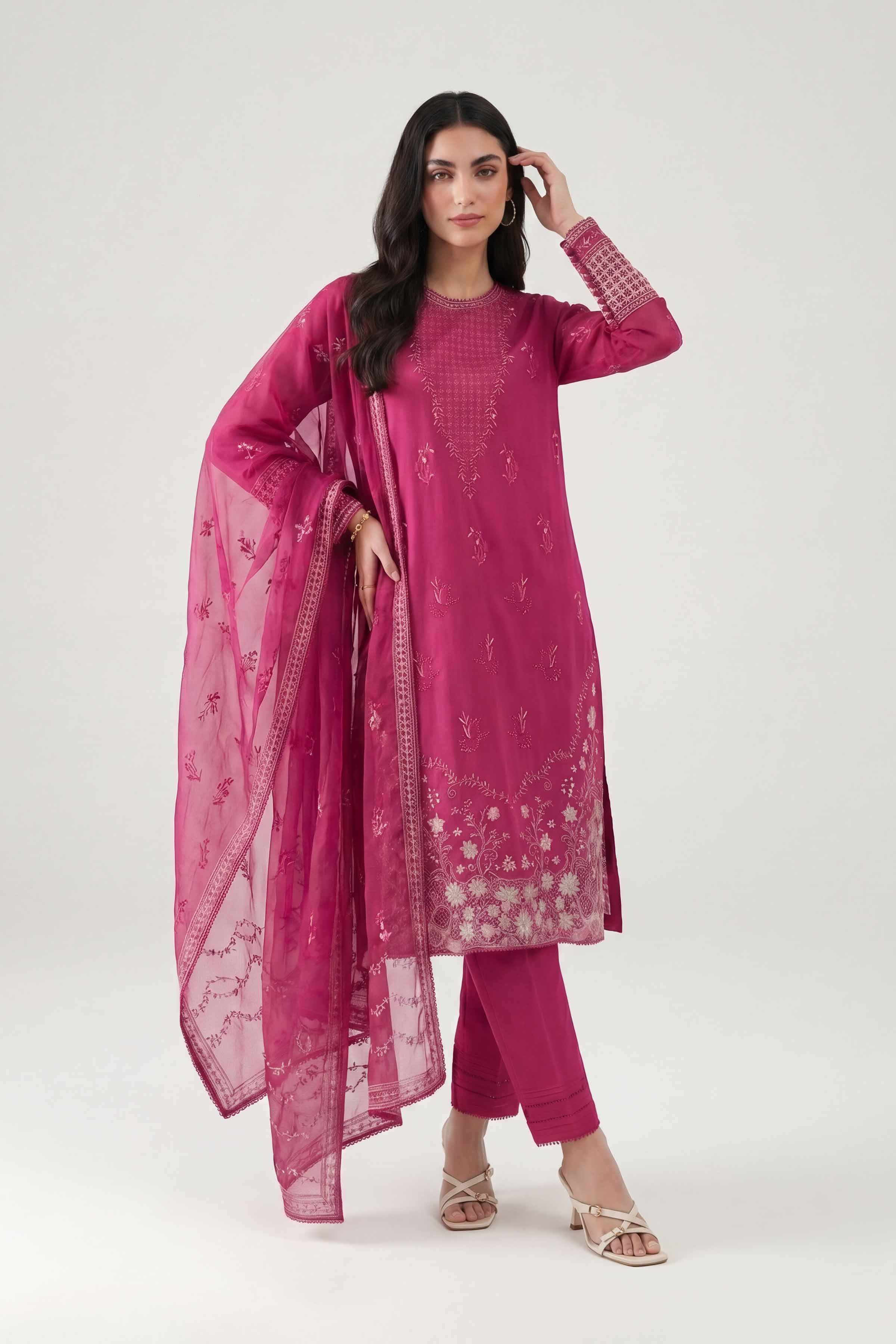 Nishat UK - Pink Embroidered Cambric 3 Pieces ready to wear luxury Suit