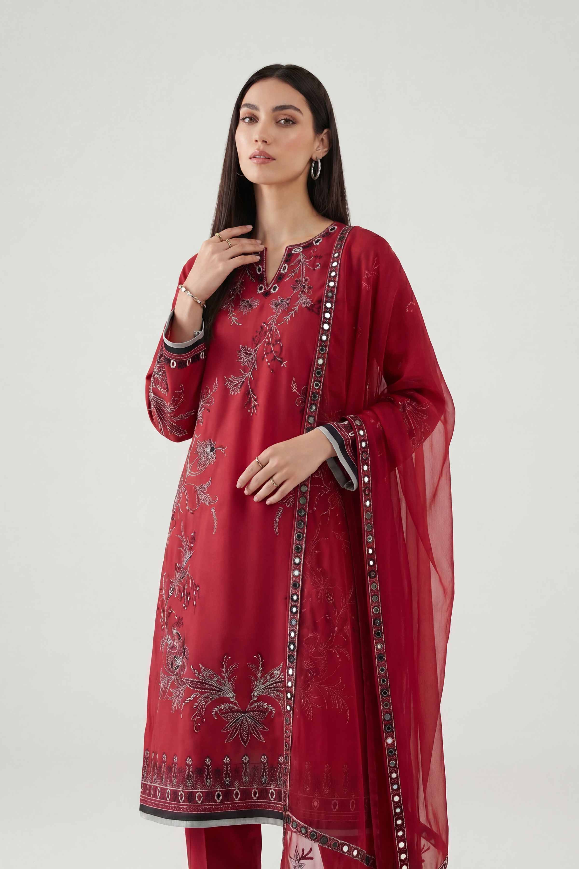 Nishat UK - Red Embroidered Cambric 3 Pieces ready to wear luxury  luxury Pret