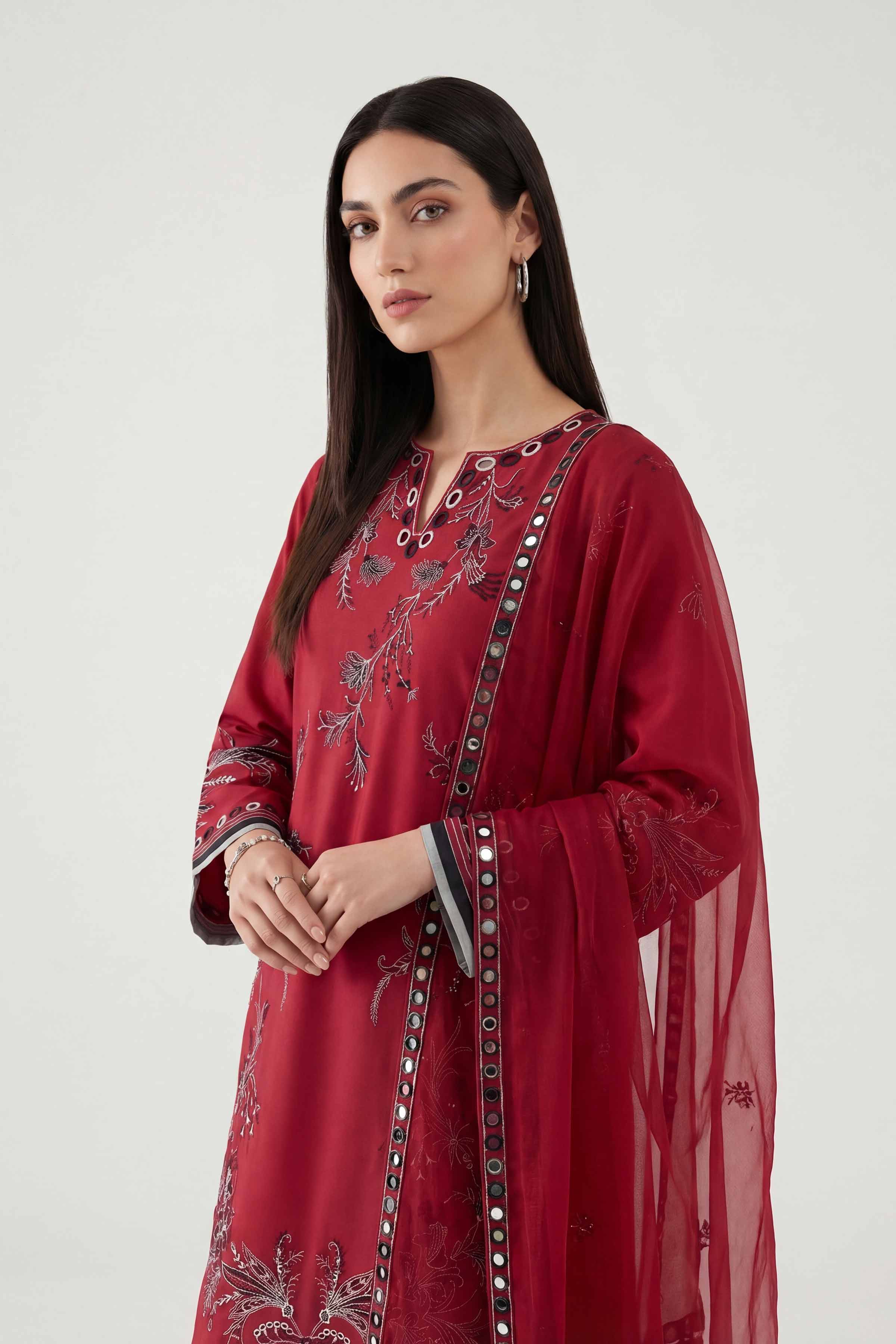 Nishat UK - Red Embroidered Cambric 3 Pieces ready to wear luxury  luxury Pret
