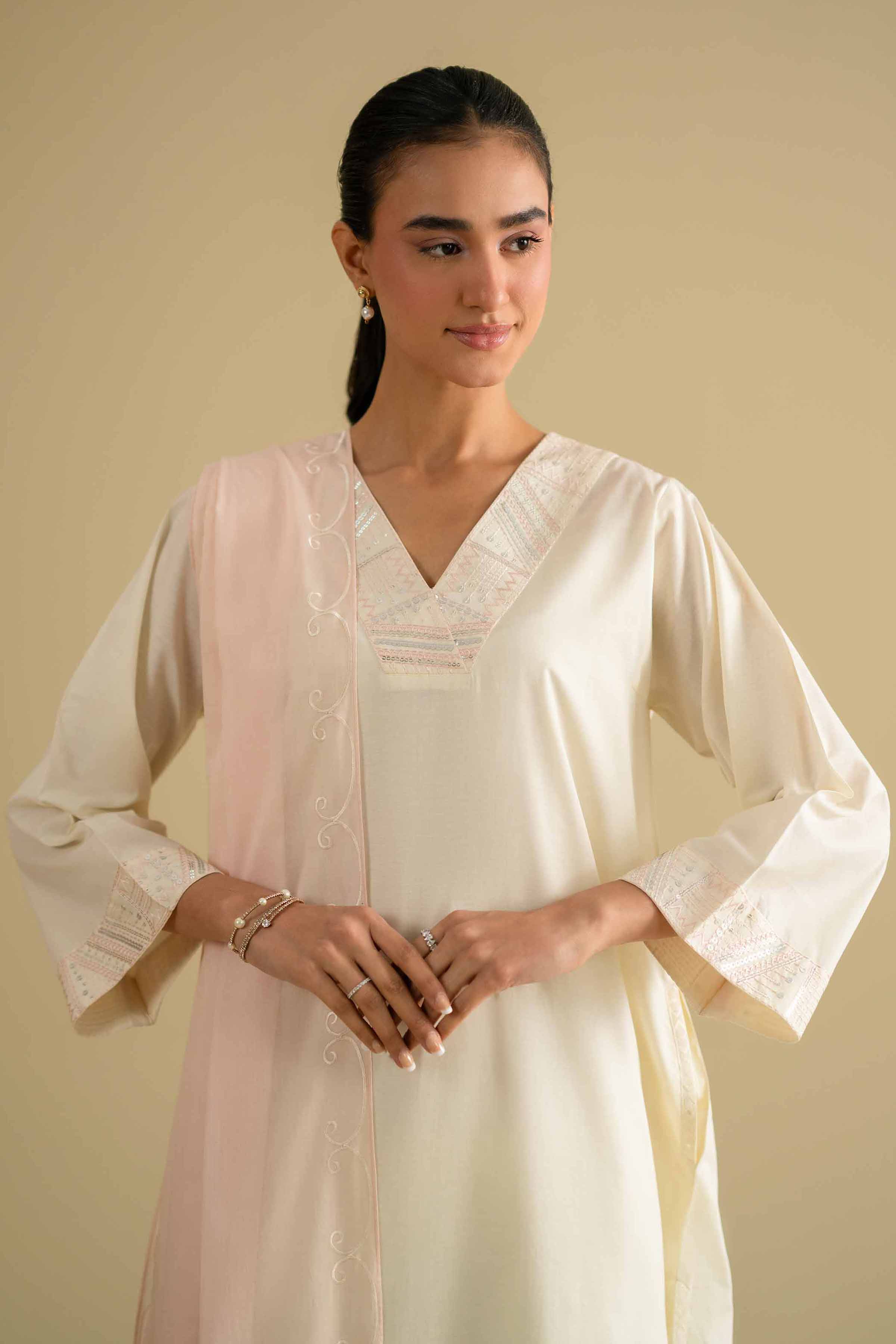 NishatUK - Off White Embroidered Cambric 2-piece ready to wear luxury Dress