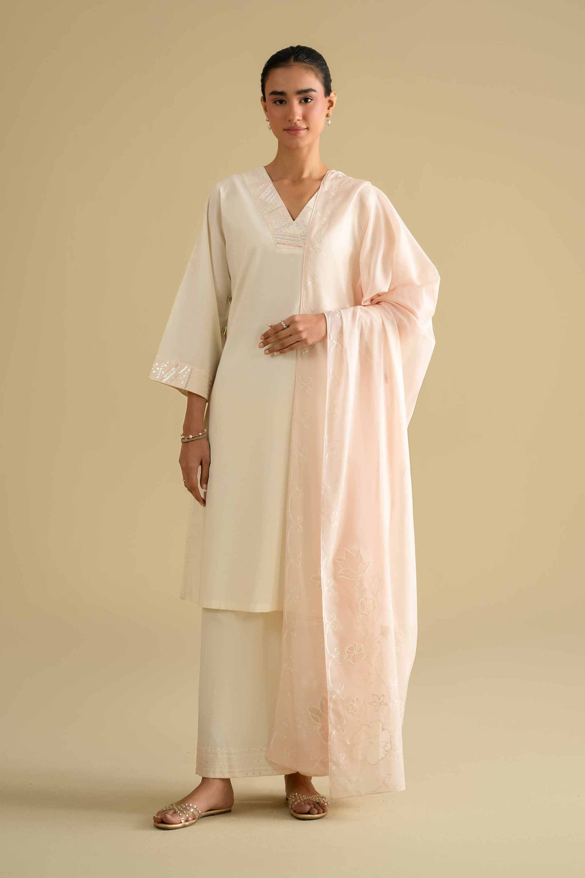 NishatUK - Off White Embroidered Cambric 2-piece ready to wear luxury Dress