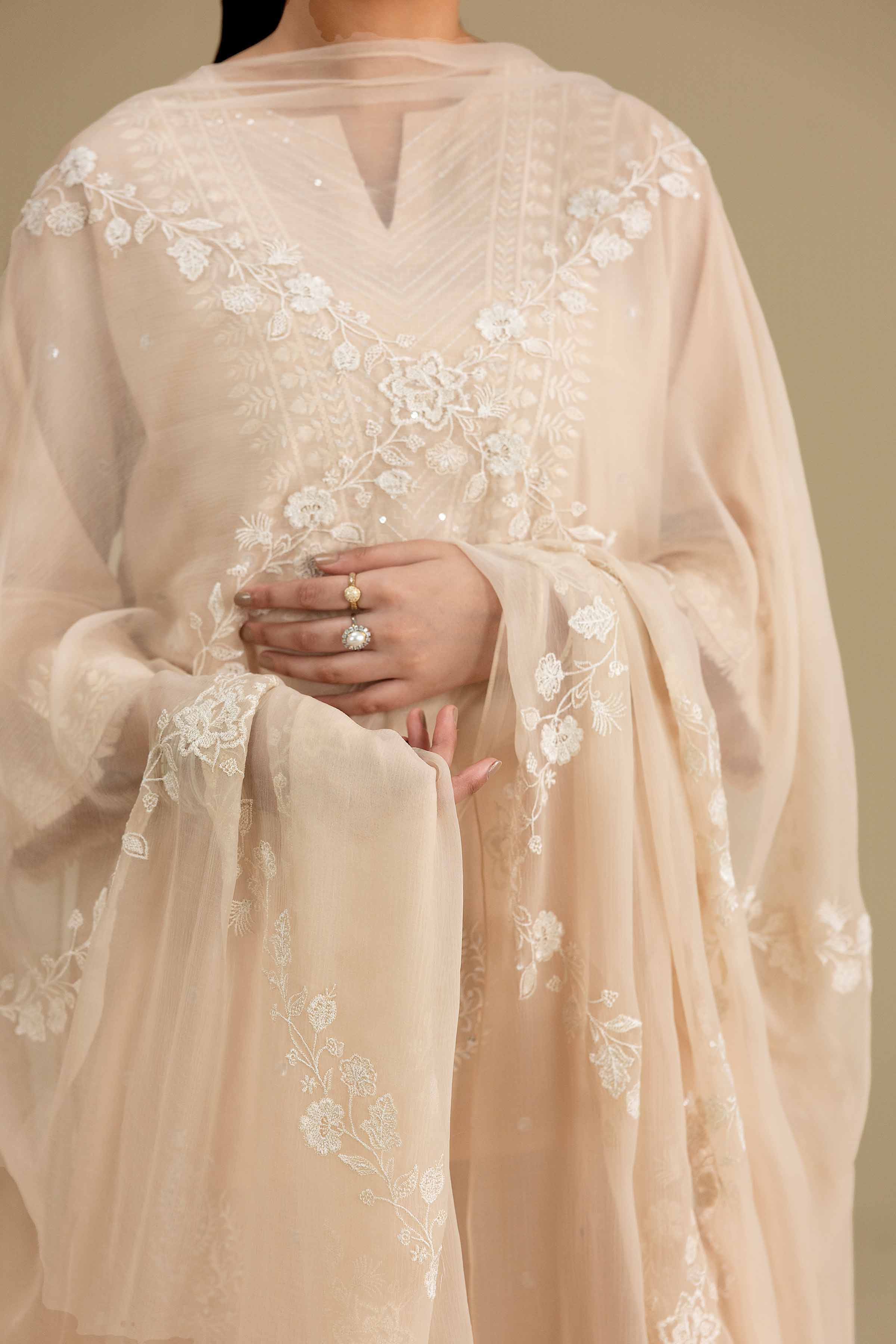 Nishat UK - Beige Embroidered Chiffon 1 Piece ready to wear luxury  luxury Pret