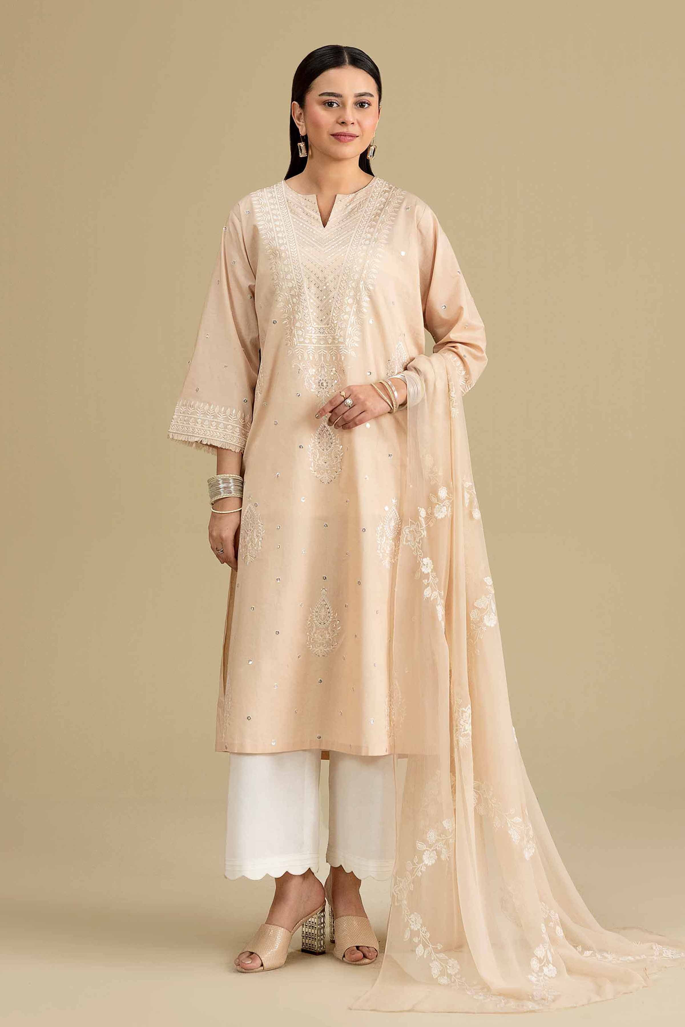 Nishat UK - Beige Embroidered Chiffon 1 Piece ready to wear luxury  luxury Pret