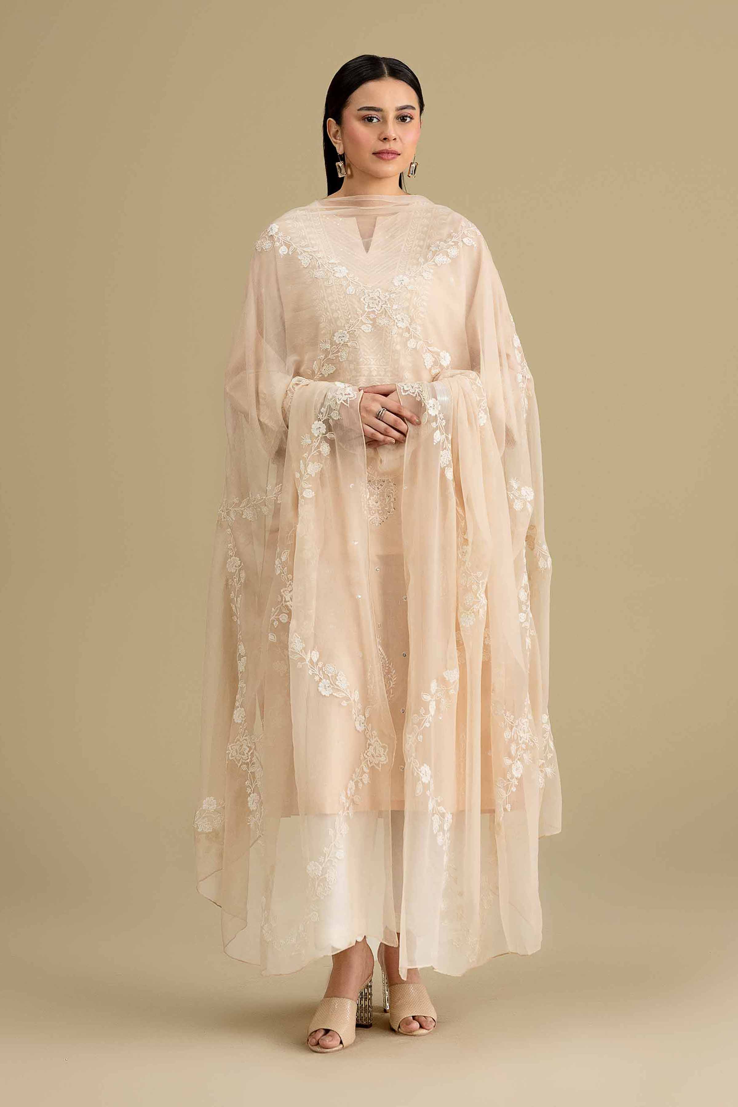 Nishat UK - Beige Embroidered Chiffon 1 Piece ready to wear luxury  luxury Pret