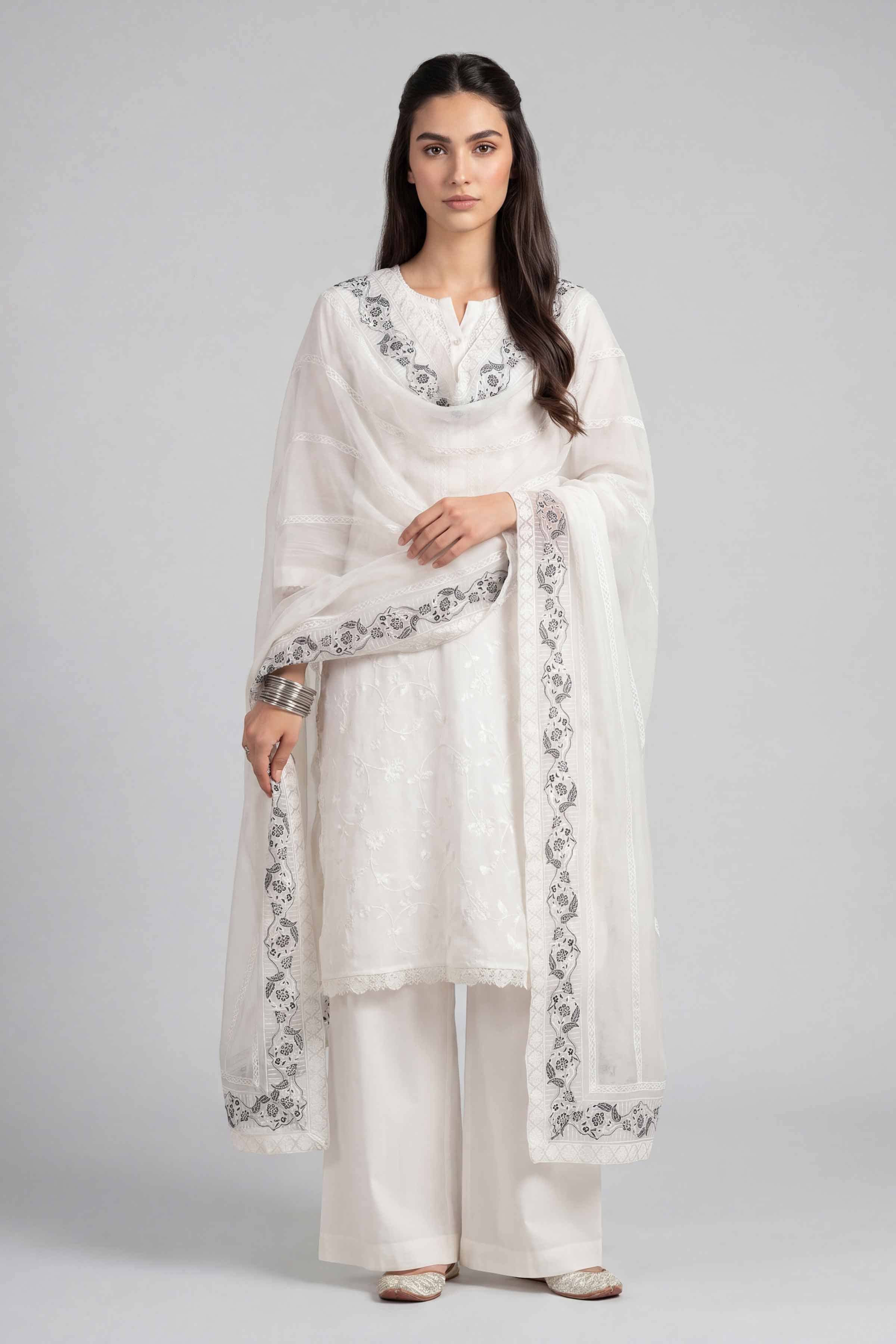 Nishat UK - White Embroidered Chiffon 1-piece ready to wear luxury dupatta