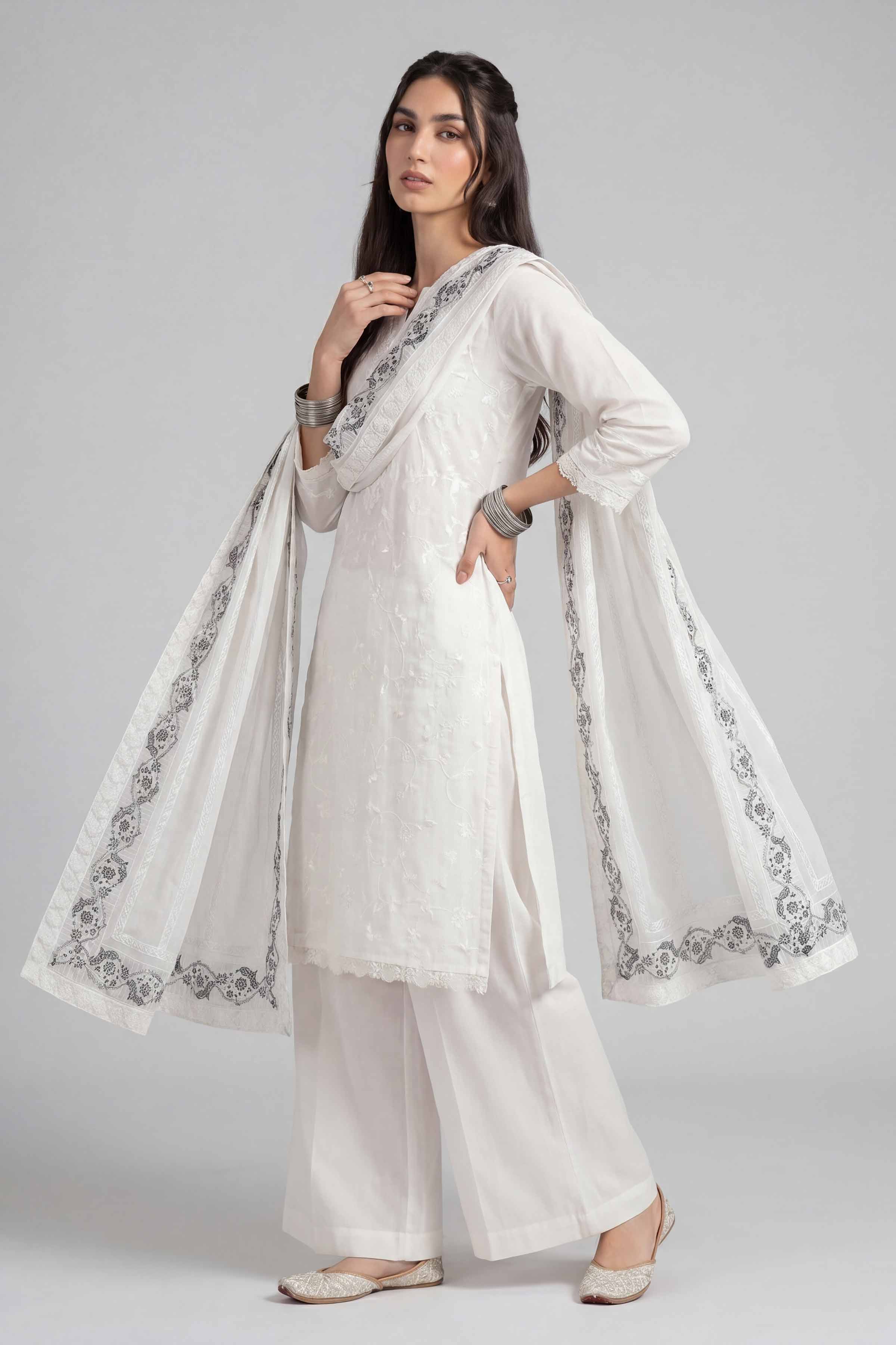 Nishat UK - White Embroidered Chiffon 1-piece ready to wear luxury dupatta